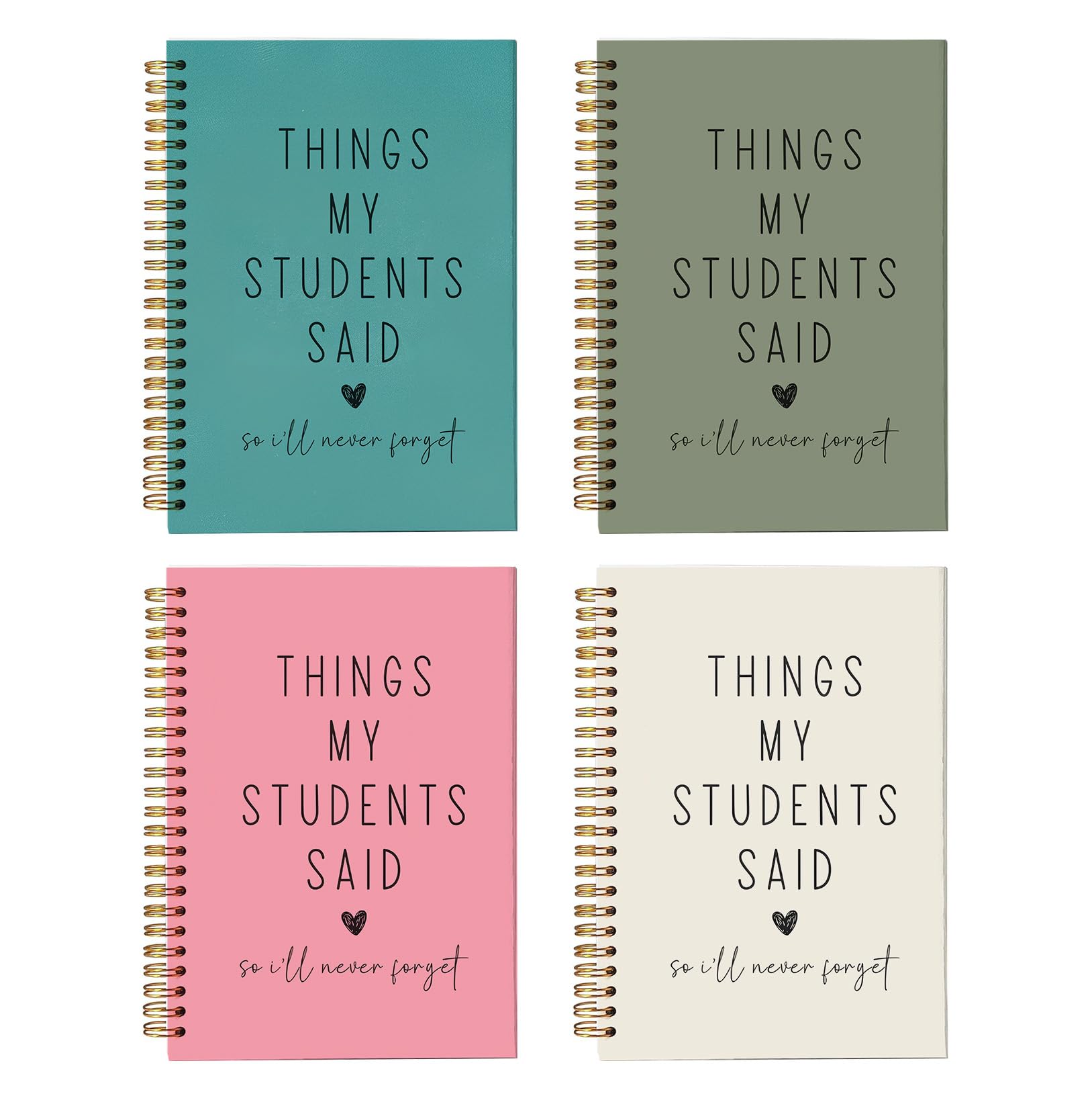 bitCNY Teacher Appreciation Gift Notebook Set of 4, Funny Teacher Gift, "Things My Students Said" Lined A5 Spiral Journals, 5.5 x 8.3 Inches, 80 Pages, Teal, Olive Green, Pink & Ivory Teacher Keepsake 819 Teal + Olive Green + Pink + Ivory