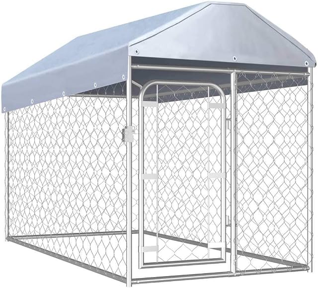 vidaXL Outdoor Dog Kennel with Roof Lockable Latch System Chain-link Mesh Sidewalls Pet Puppy Cage House Animal Shelter Silver Galvanized Steel