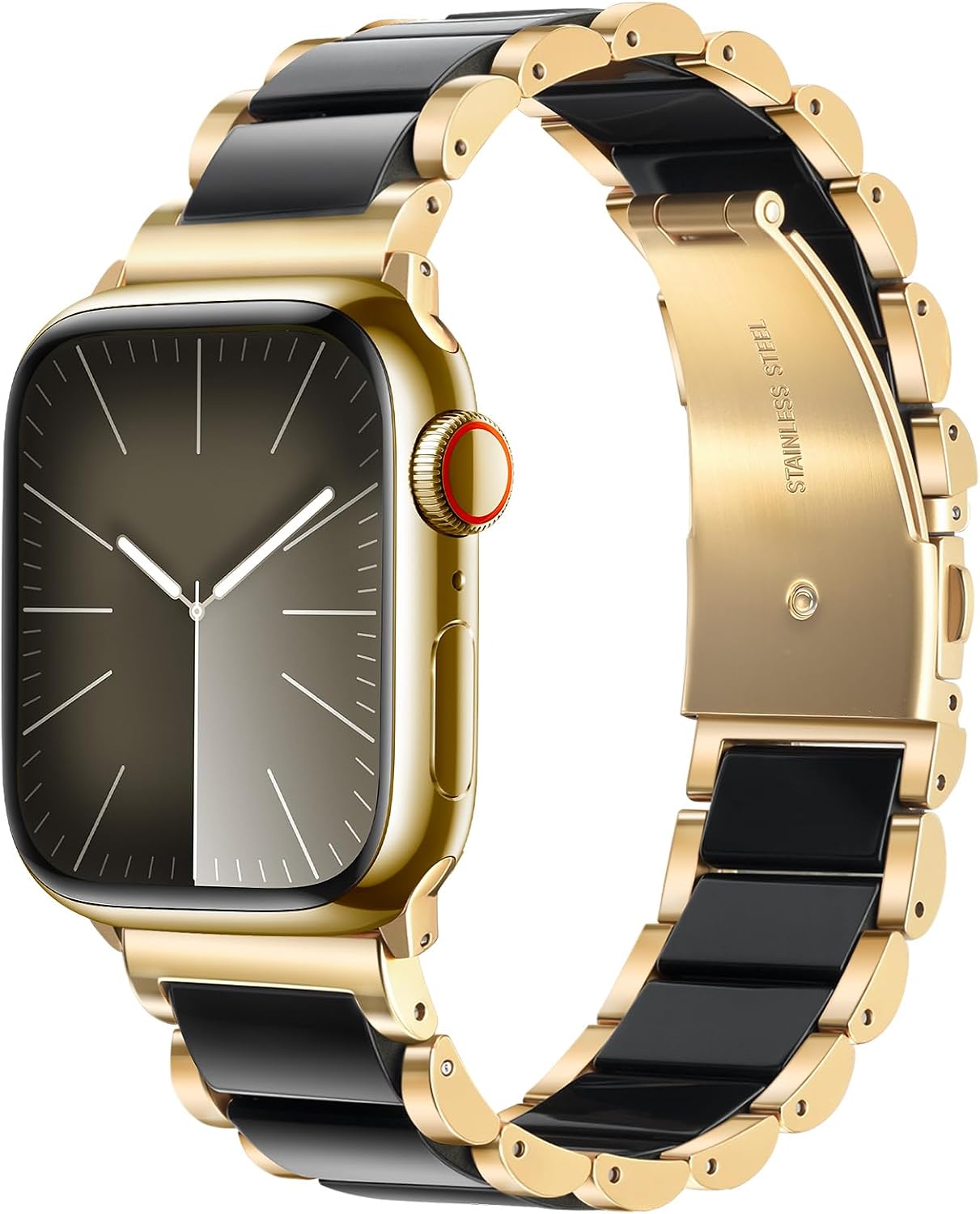 V-MORO Compatible with Apple Watch Band 41mm 42mm 40mm 38mm Series 11/10/9/8 Fashion Strap Women,Stainless Steel Resin Band Bracelet Replacement for iWatch Ultra/SE/7/6/5/4/3/2/1-Black+Gold
