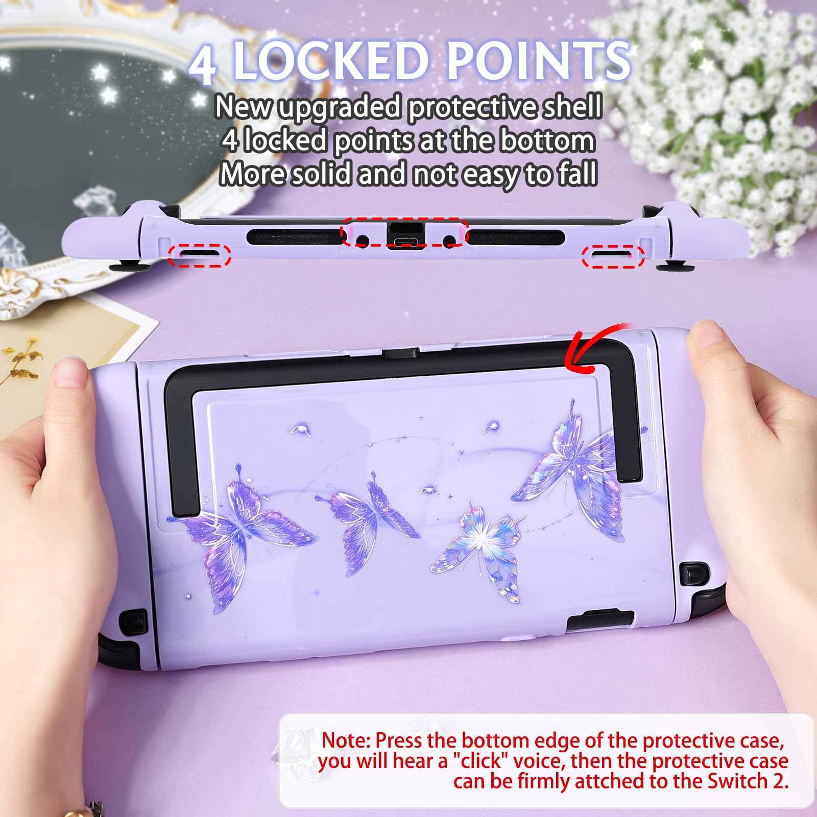 DLseego Protection pour Switch 2 2025,Coque Rigide PC Fine,Résistante aux Chocs et aux Rayures,Compatible avec la Station d'accueil,Housse Élégante au Design Papillon avec 2 Poignées Cover,Violet