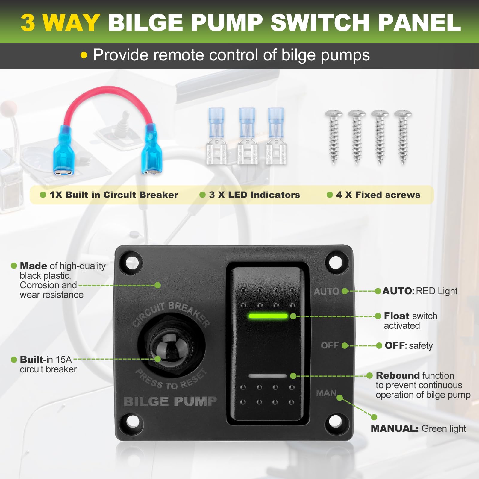 Automatyczna pompa zęzowa 1100 GPH 12 V z 3-kierunkowym panelem przełącznika pompy zęzowej i zestawem hydraulicznym o średnicy 2,8 cm, idealna do łodzi rybackich, rejsów