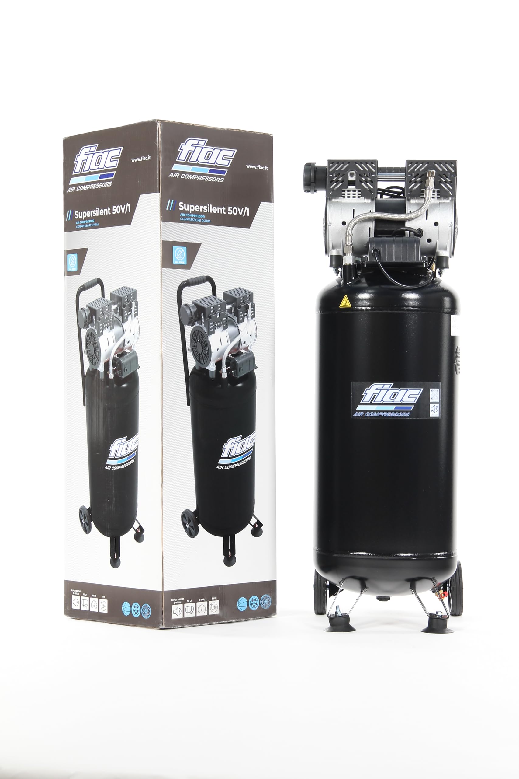 FIAC Vertikaler Luftkompressor SUPERSILENT 50V, Ölfrei, Maximaler Druck 8 bar, 1 PS, 50-Liter-Tank, Geräuschpegel 58 dB LpA