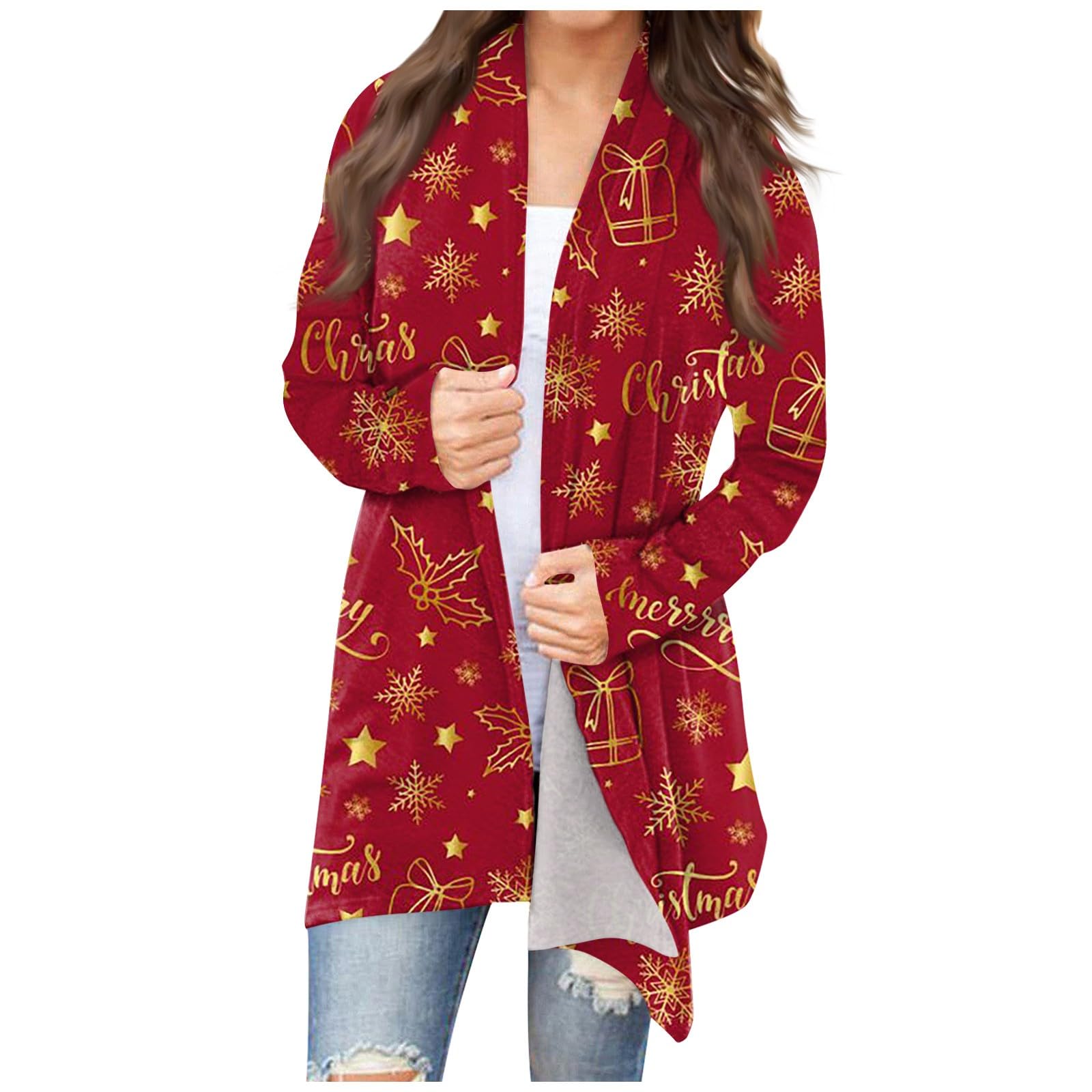 Jackets For Women Casual Fall,Women'S Christmas Print Long Sleeve Cardigan Draped Open Front Xmas Coats With Pockets