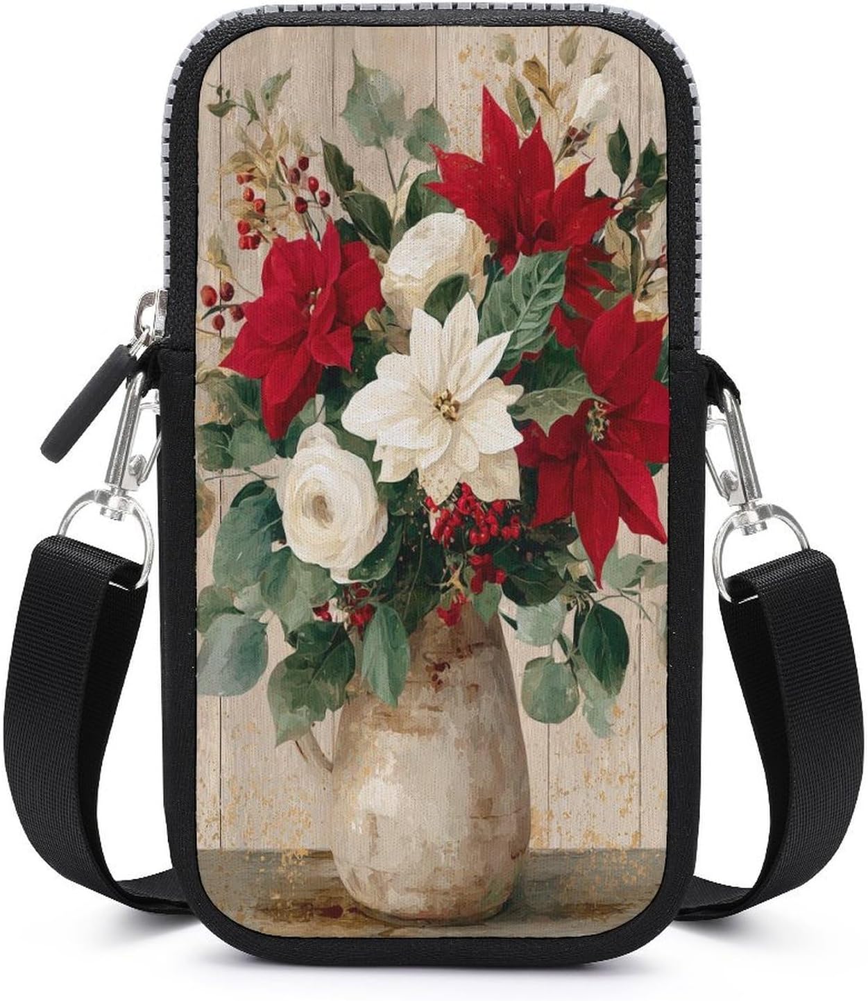 Red Poinsettias in Rustic Ceramic Vase Crossbody Mobile Phone Bag Smartphone Bag With Adjustable Strap