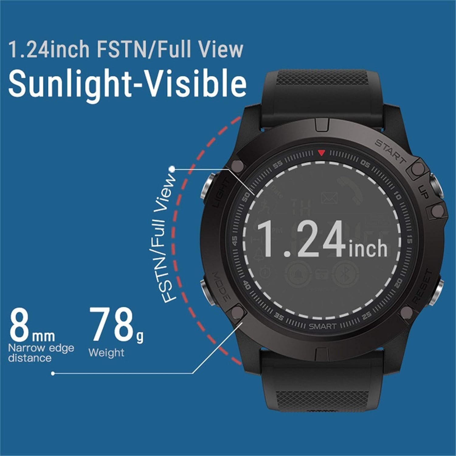 Détaillé view of the Zeblaze Vibe 3 smartwatch display, emphasizing its 1.24-inch FSTN/Full View sunlight-visible screen, 8mm narrow edge distance, and 78g weight.