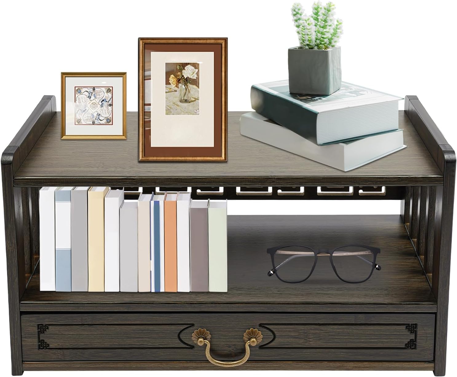 Meditation Altar with Drawer, 3 Tier Bamboo Coffee Table, Spiritual Altar for Prayers, Divination, Worship, Bamboo Furniture for Displaying Jars, Plants and Books, Walnut Color