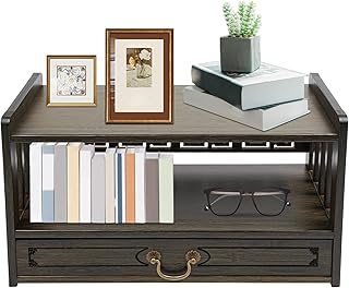 Bamboo Altar Table with Drawer 2-Tier Meditation Storage Table Chinese Style Freestanding Low Coffee Table for Displaying Jars, Plants and Books (Walnut Color, 20.4’’ L)