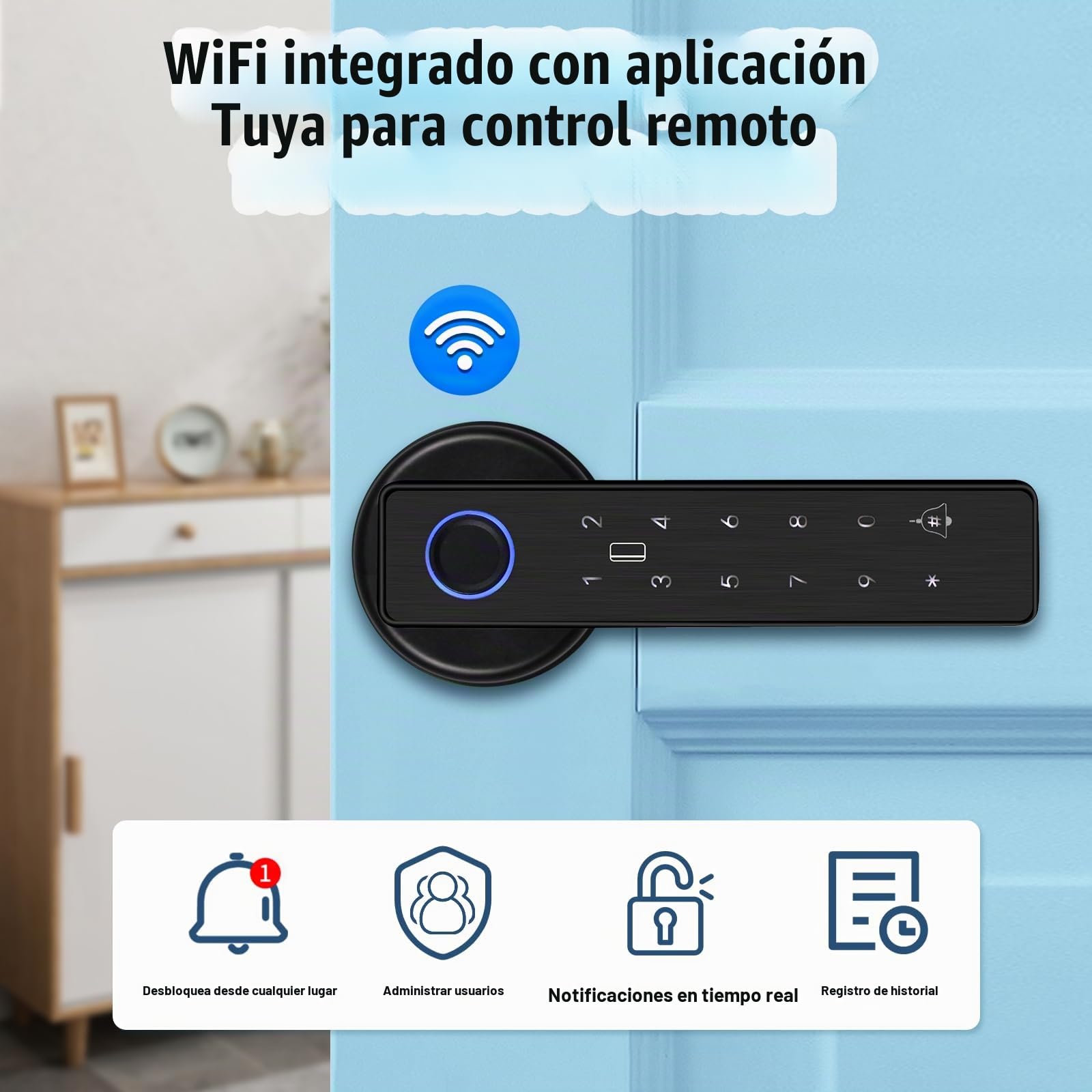 Cerradura inteligente para puerta con mango cinco en uno y teclado electrónico que admite múltiples métodos de reconocimiento, incluyendo contraseña, aplicación, tarjeta IC, huella dactilar y