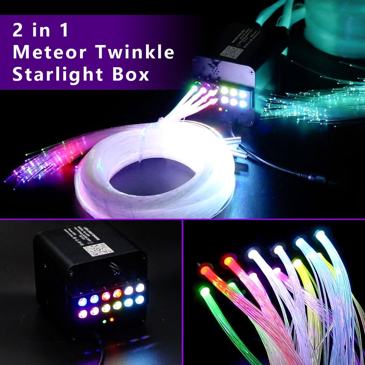 AZIMOM 4Colors 2 in 1 Meteor Twinkle Fiber Optic Starlight Headliner Kits 800pcs 0.03in 9.8ft Fiber Strands,RGB Meteor Shooting Star 240pcs, Sound Remote APP Control Home Ceiling Car Headliner Decor