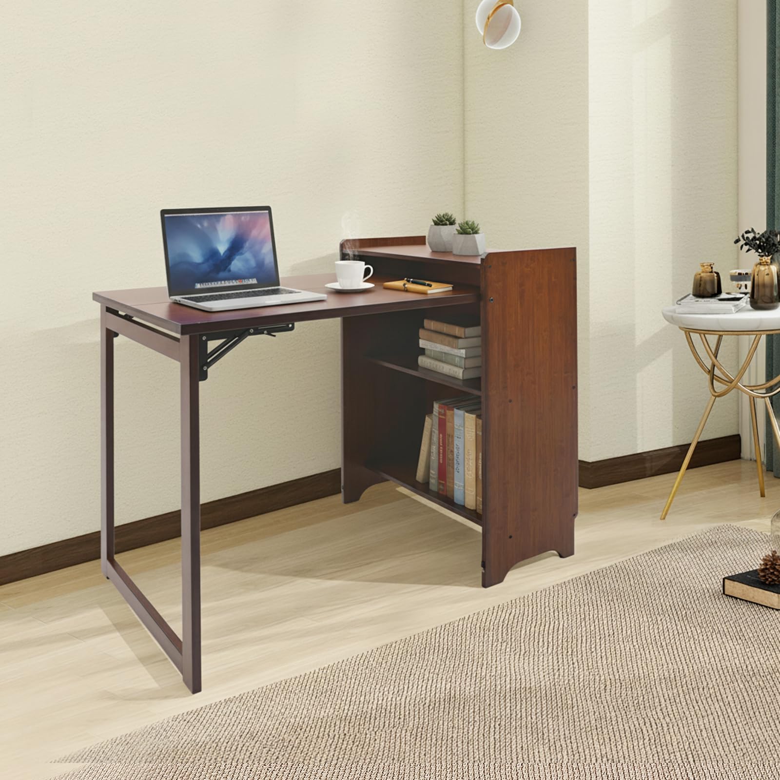 Scrivania pieghevole compatta in bambù con libreria, tavolo da scrittura convertibile per casa, ufficio, soggiorno e camera da letto, versatile armadio portaoggetti e postazione di lavoro per computer