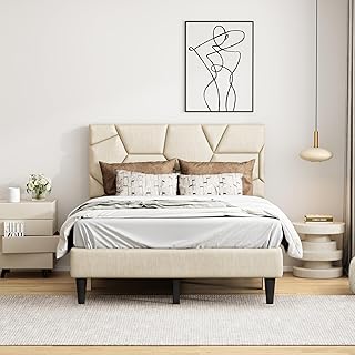 Maximize Space with Full Size Bed Frame, Sturdy Metal Platform with Storage Headboard, No Noise Design, Beige