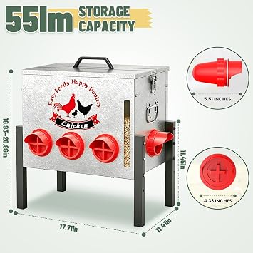 55LB Automatic Chicken Feeder with 8 Feeding Ports, Window, Locking Lid, Height Adjustable, Rat-Proof, Poultry Feed Storage Container for Chickens Ducks Geese, Chicken Coop Accessories