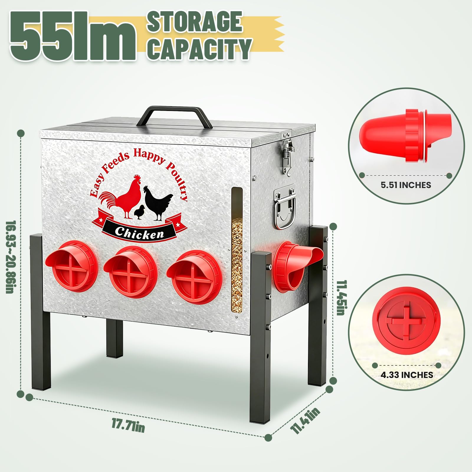 Comedero automático para gallinas de 25 kg con 8 orificios de alimentación, ventana, tapa con cierre, altura ajustable, resistente a las ratas, almacenamiento de alimentos para pollos, patos, gansos