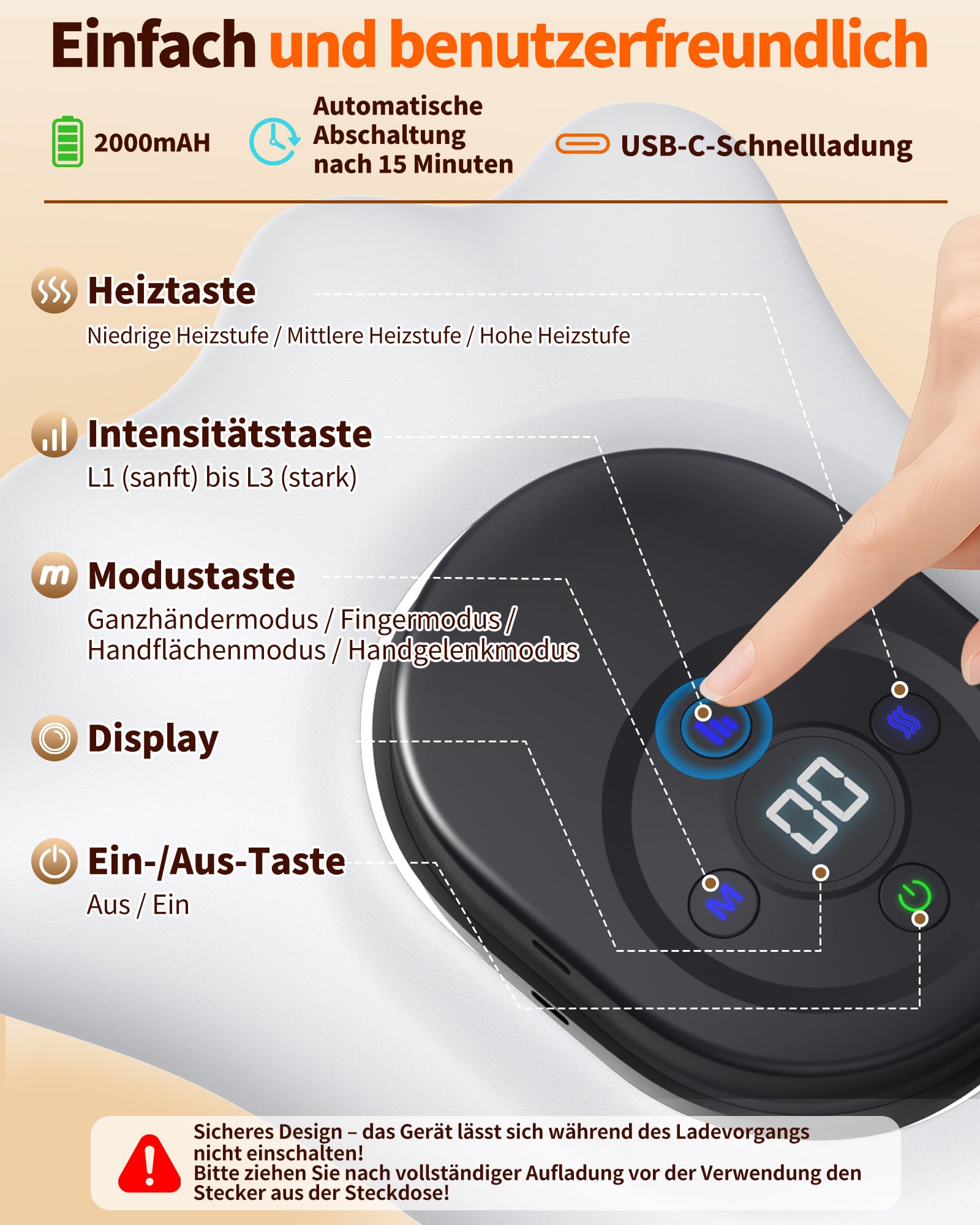 DECOHOME Handmassagegerät mit Wärme und Luftkompression, kabellos | 8 Luftkammern für Finger, Handfläche und Handgelenk, 3 Wärmestufen, 6 Programme, 3 Intensitäten und 15-Minuten-Timer