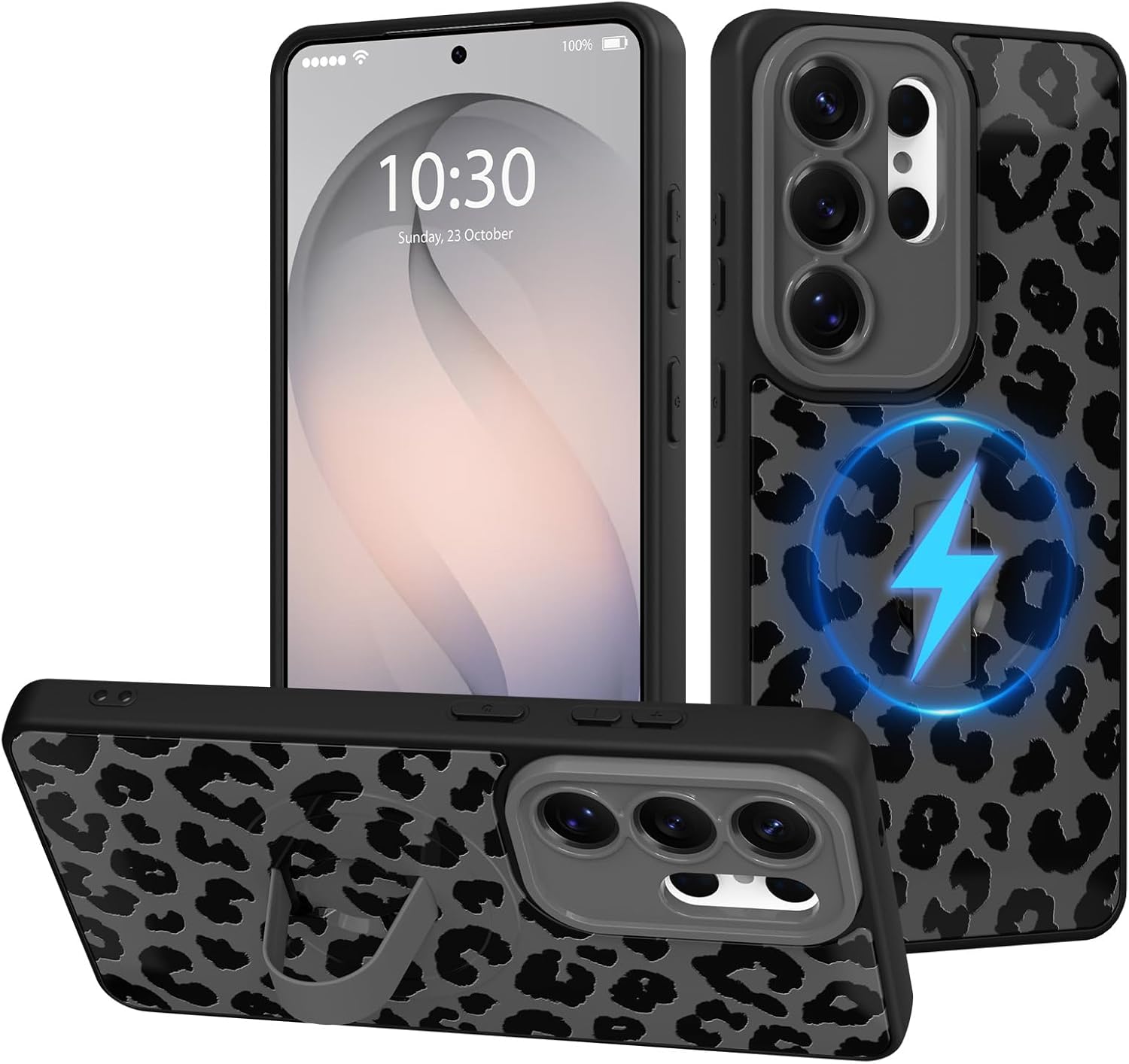 Fiyart Designed for Samsung Galaxy S26 Ultra Case with Wrist Strap Kickstand Cute Cheetah Leopard Print for Women Girls Slim Aesthetic Pattern Compatible with Magsafe TPU Shockproof 6.9"- Black