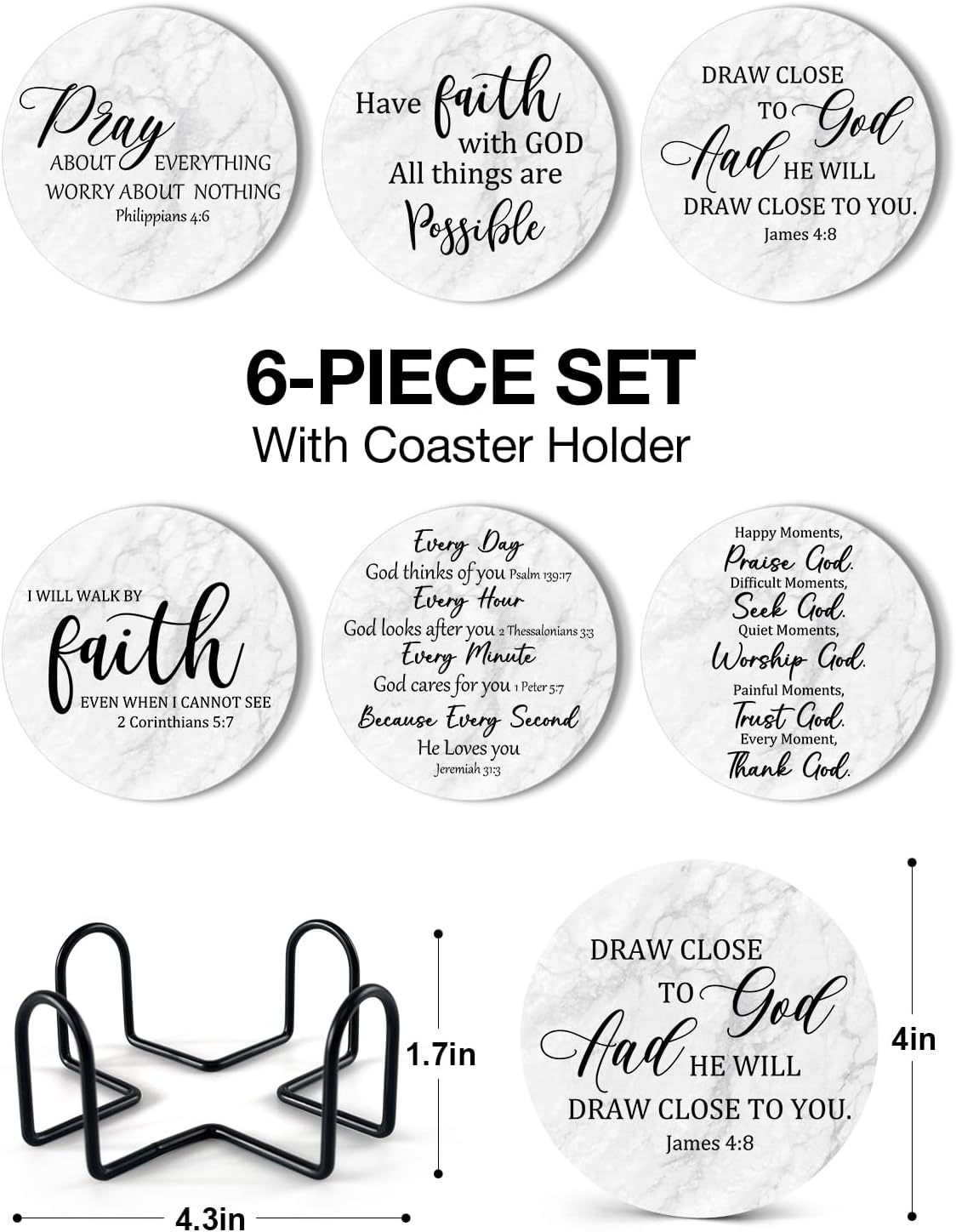 Christian Drinks Coasters with Bible Verses - Set of 6 Coasters with Cork Backing & Holder, Table Protector for Kitchen Coffee Table, Christian Gifts for Godmother Godson Believers - Image 5