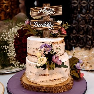 DIYDOFUN Happy Birthday Wooden Cake Topper, Rustic Party Cake Decoration Supplies - Natural Wood Slice with Arrow for Baby Shower Anniversary Ceremony Celebration