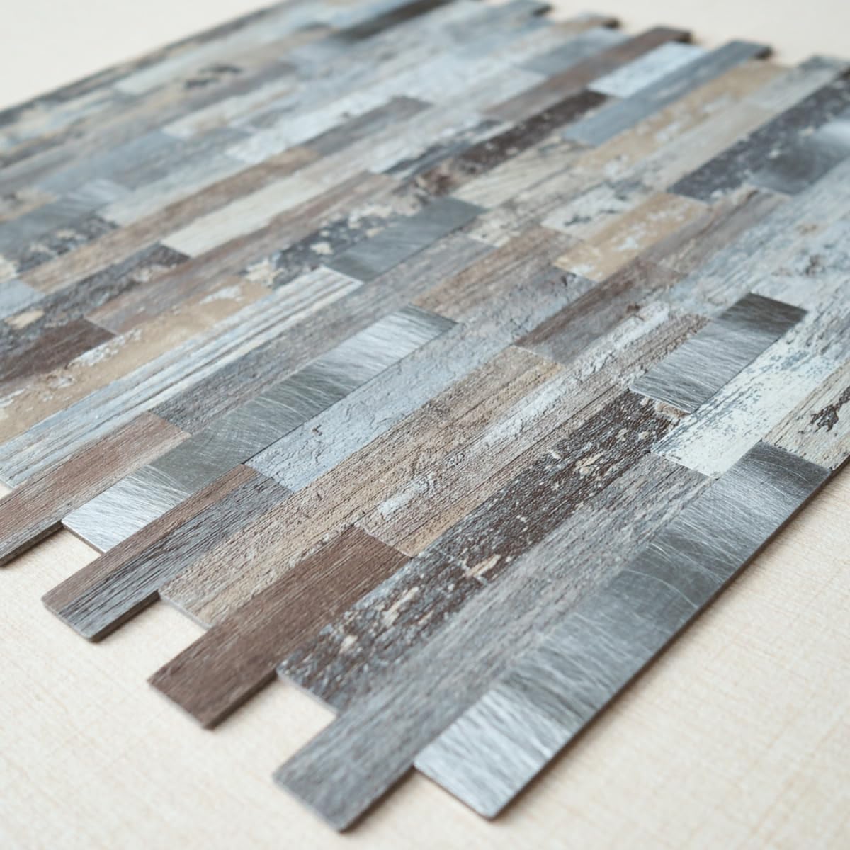 Metal Mosaic Tile Backsplash for Easy DIY Decoration -LNG Oblong 5pack - Vintage Wood Mix Silver - Peel and Stick for Backsplash of Fireplace, Kitchen, Bathroom, Camper, Stairway, Cabinet