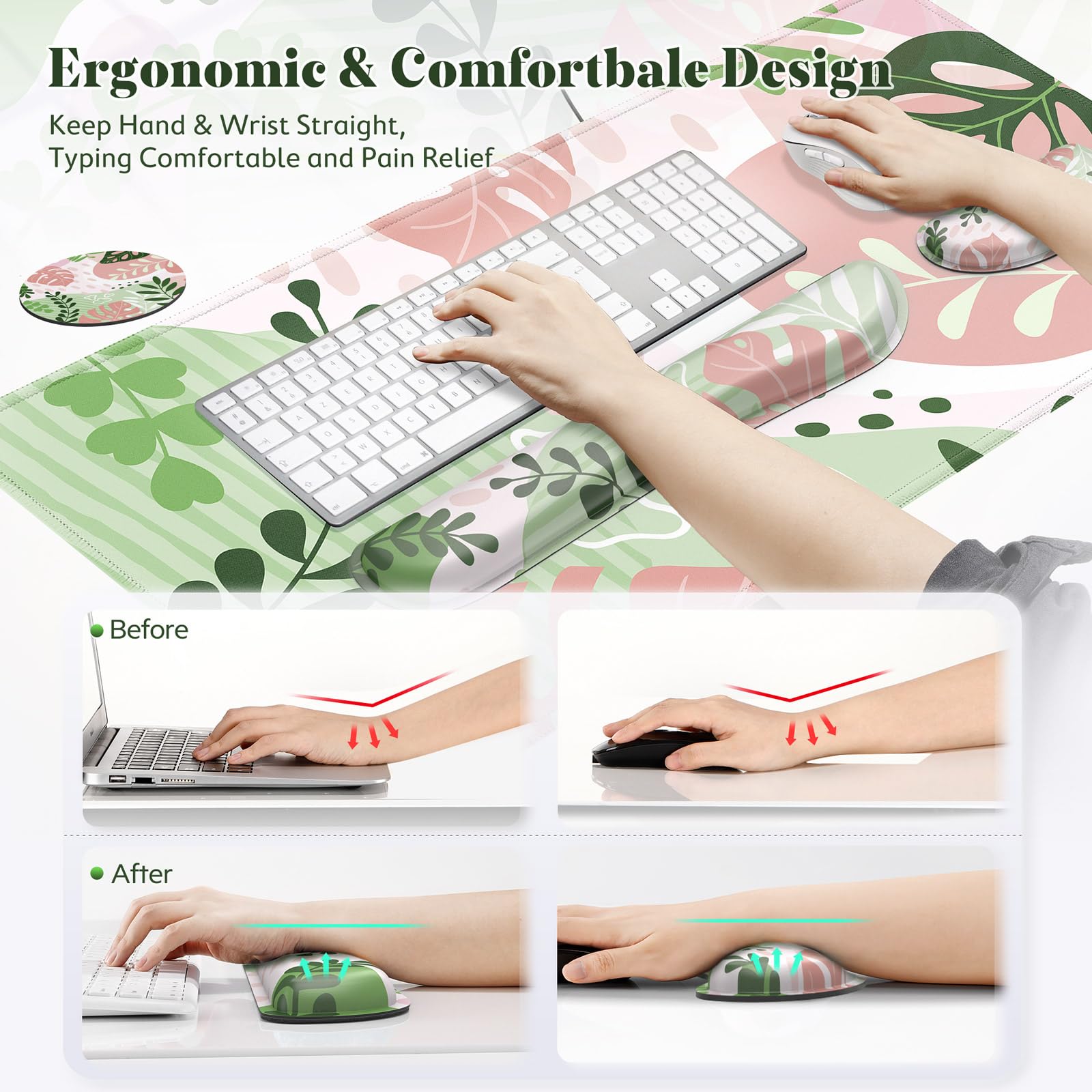 Gimars Podkładka pod mysz XXL 3 w 1 z ergonomicznym uchwytem na klawiaturę, podkładka pod mysz do gier 800 x 300 mm, wygodna piankowa pamięć, łagodząca ból do biura graczy, różowa morandi