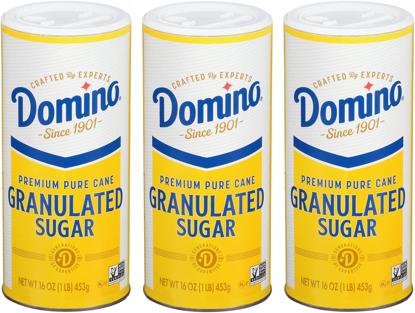 Domino White Granulated Pure Cane Sugar, 16 Oz Canister (Pack of 3)
