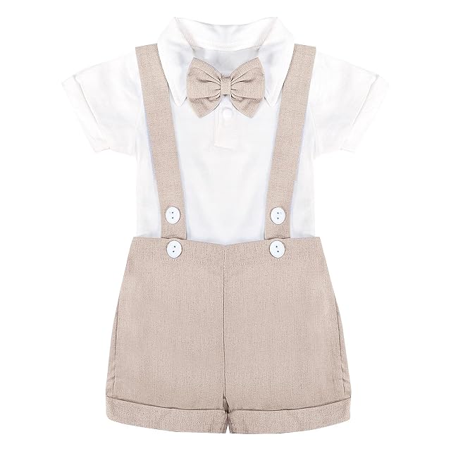 Baby Boy Clothes Bodysuit Infant Gentleman Outfit Short Sleeves Romper Tops Suspender Solid Pants Wedding Set 2Pcs