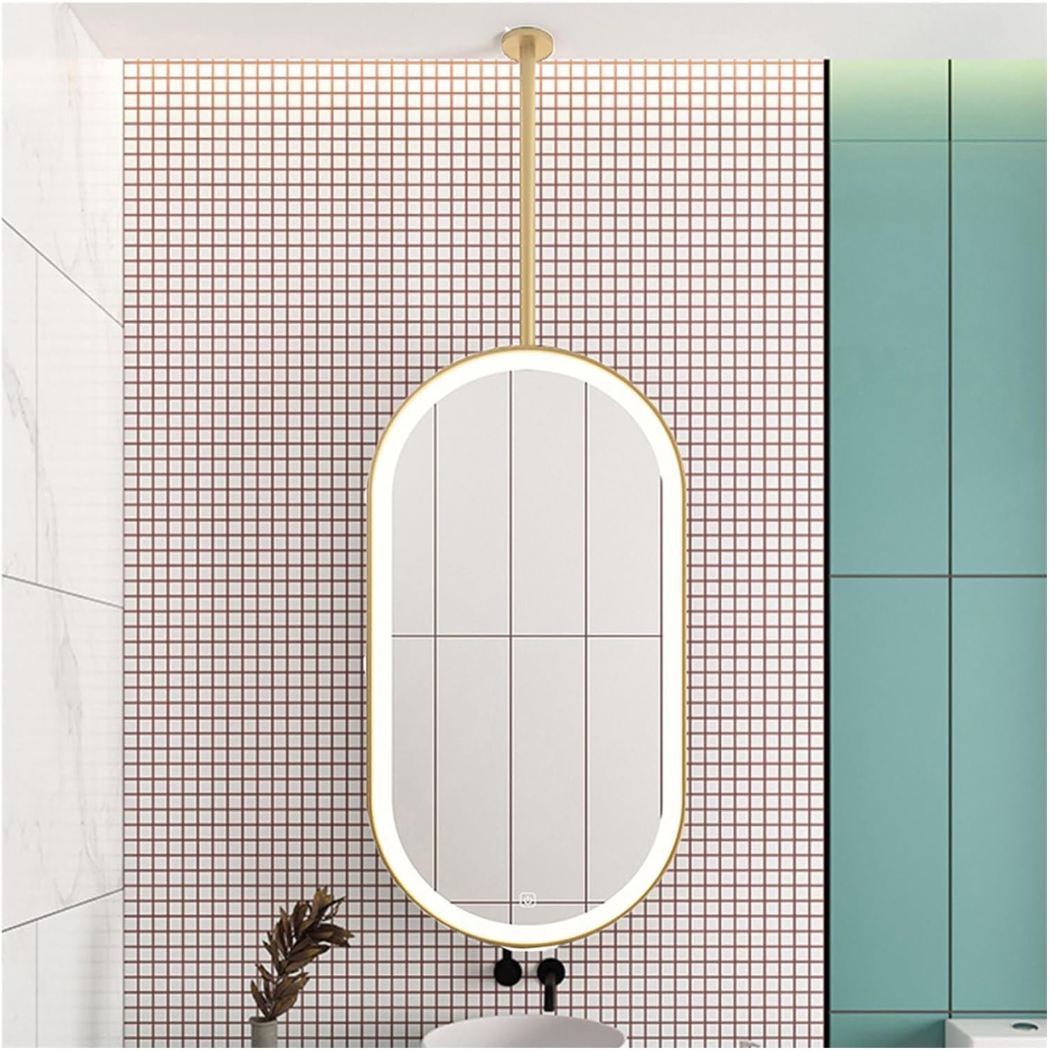Gold Oval Ceiling Hanging Double-Sided Vanity Mirror with 360° Rotation & Dimmable LED Light - 3 Color Options, 50x90cm - Ideal for Bathroom & Makeup Use