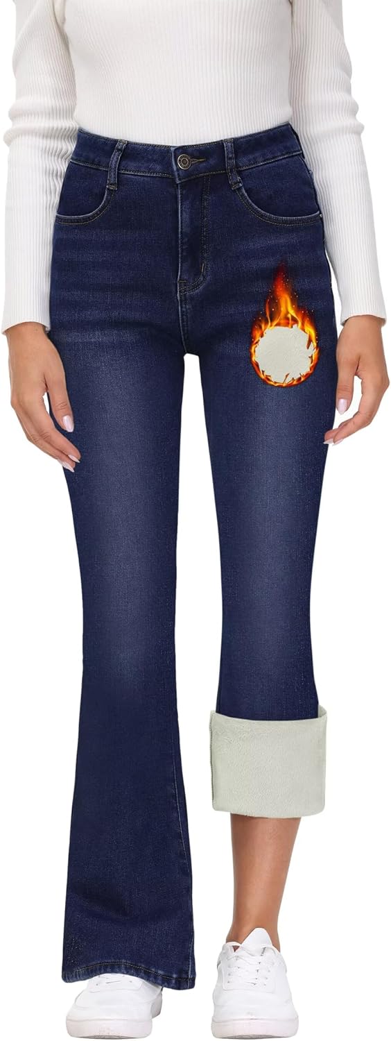 KDF Women's Bootcut Fleece Lined Jeans High Waisted Warm Bell Bottom Jeans