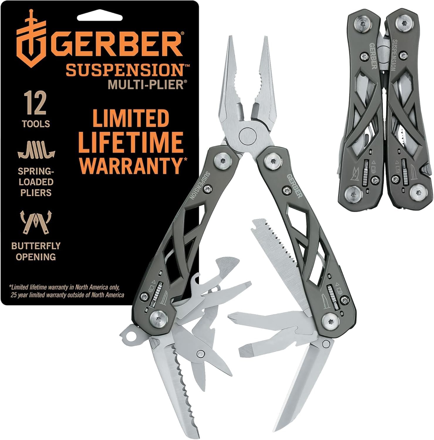- Gear Suspension 12-in-1 EDC Multi-Plier Multitool with Pocket Knife, Needle Nose Pliers, Wire Cutters and More, Gifts for Men, Camping and Survival, Grey