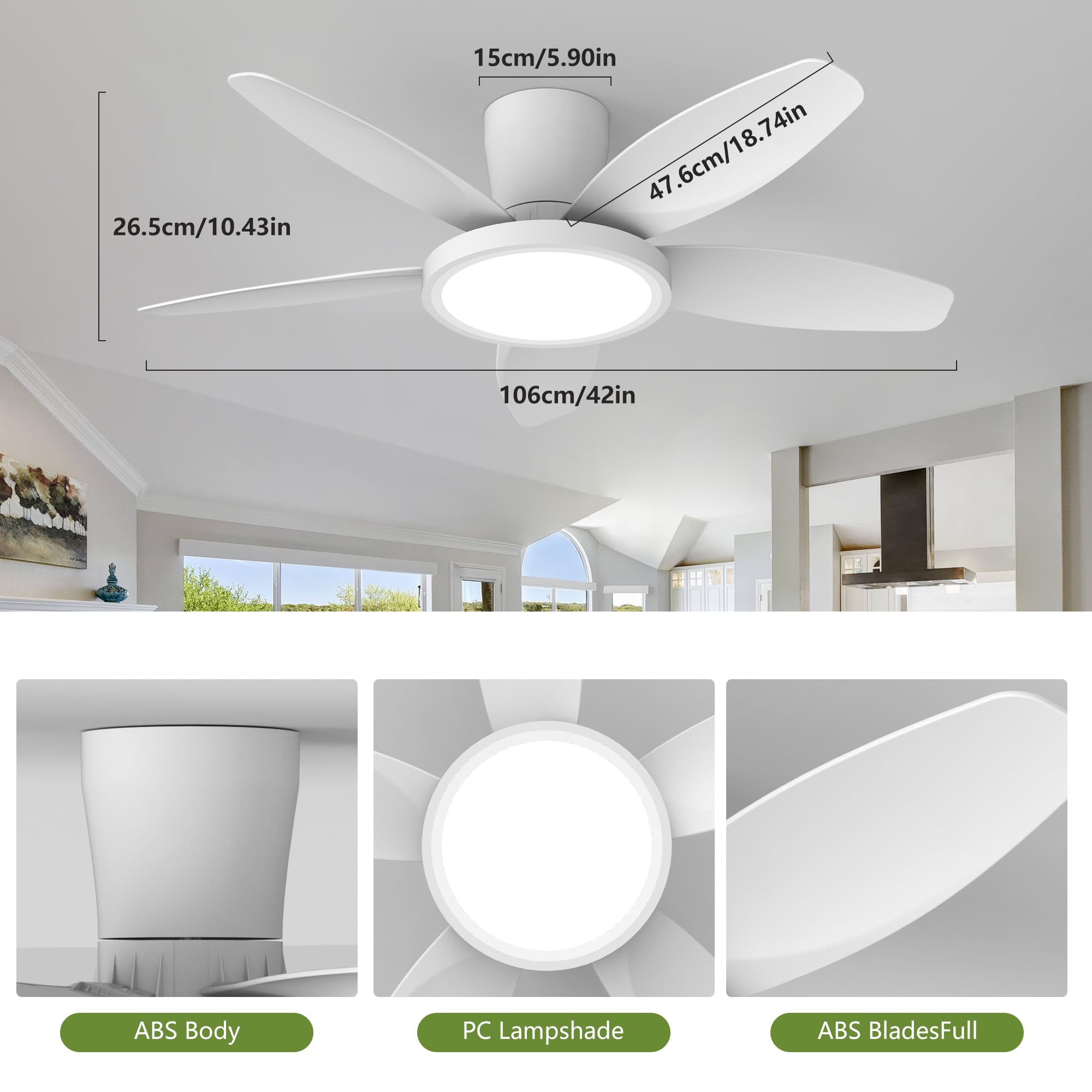 Qcyuui 106 cm Ventilatore da Soffitto con Luce LED Silenzioso, Motore DC Reversibile, Telecomando, 6 Velocità, Temporizzatore, Controllo Separato per Camera da Letto, Salotto e Cucina