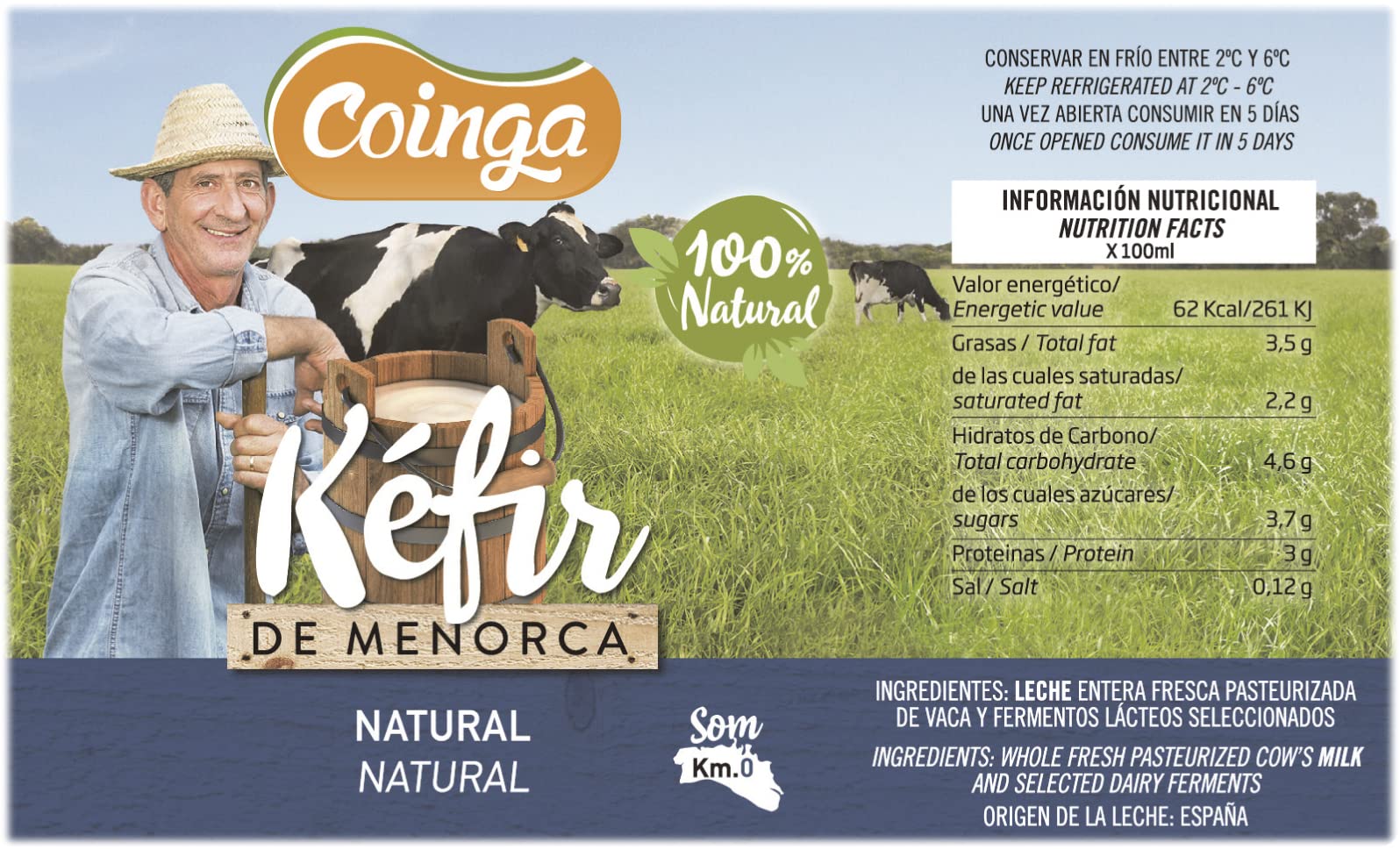 PACK DE 6 KEFIR NATURAL DE LECHE DE VACA DE MENORCA - 100% Natural - Alimento probiótico - 6 Botella de 1 L. (Natural)