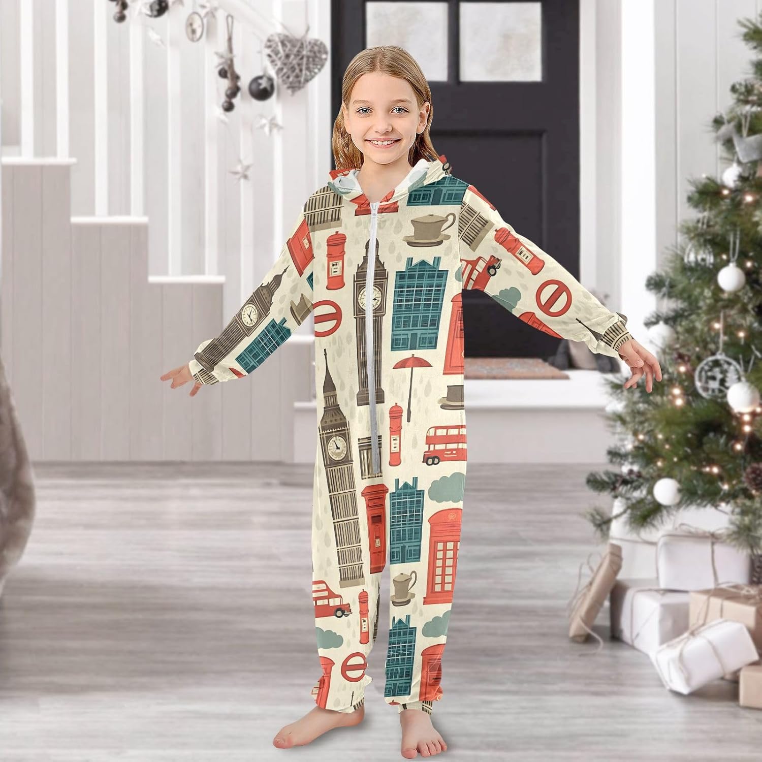 ALAZA London Big Ben European Retro Unisex Onesie Pajamas Long Sleeve Hooded One Piece Costume Sleepwear 4-14Y