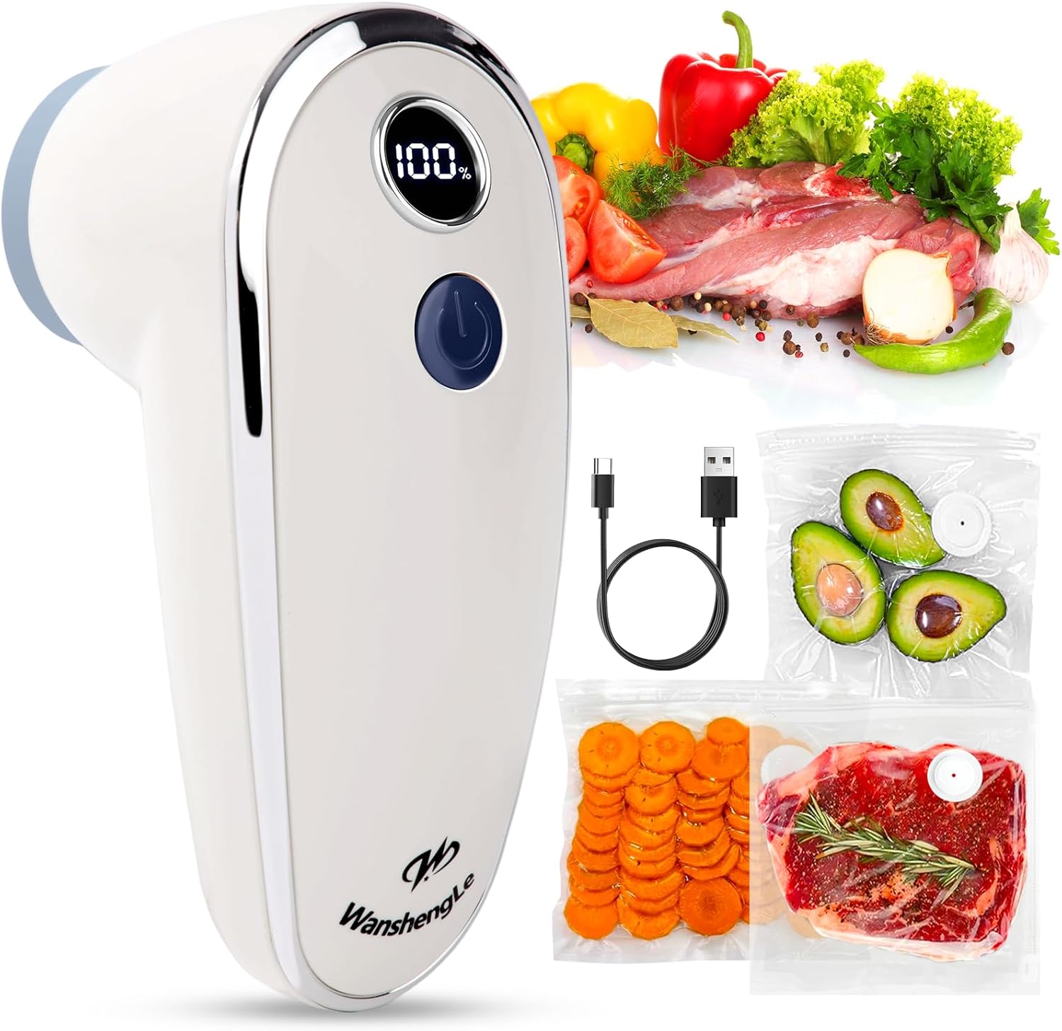 WanshengLe Handheld Vacuum Sealer with Auto Stop Suction and 30 Reusable Sous Vide Bags, Cordless Vacuum Sealer for Food, Fresh & Meal Prep