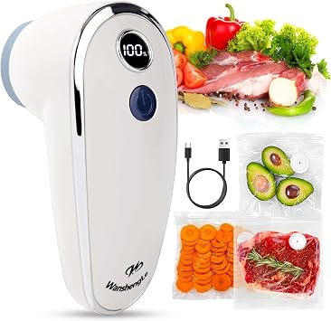 WanshengLe Handheld Vacuum Sealer with Auto Stop Suction and 30 Reusable Sous Vide Bags, Cordless Vacuum Sealer for Food, Fresh & Meal Prep