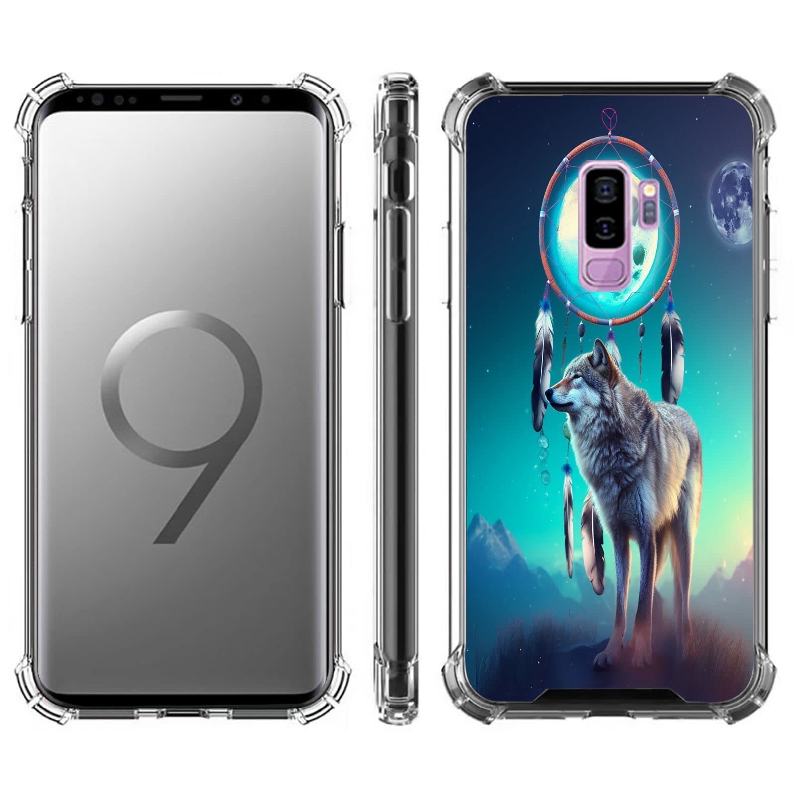 DeweiDirect Clear Case for Samsung Galaxy S9 Plus with Wolf Art Print JX083 Pattern Slim Transparent TPU Four Corners Reinforced Protection Shockproof Scratch-Resistant