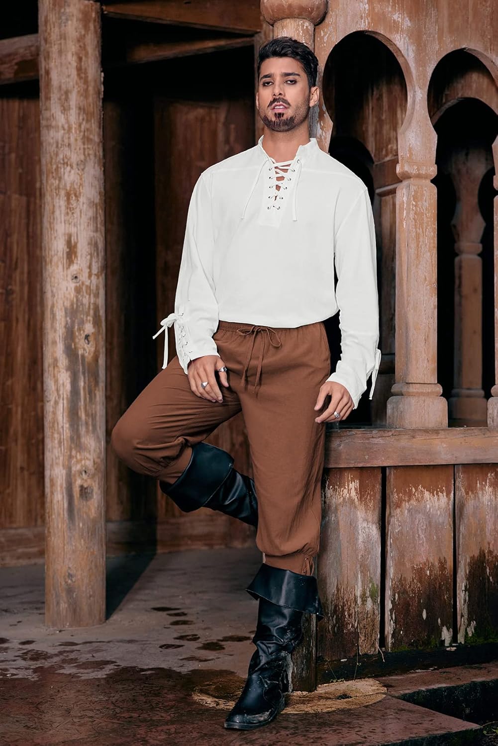 Mens Medieval Pirate Shirt Steampunk Retro Renaissance Viking Long Sleeve Lace Up Mercenary Halloween Scottish Tops - Image 3