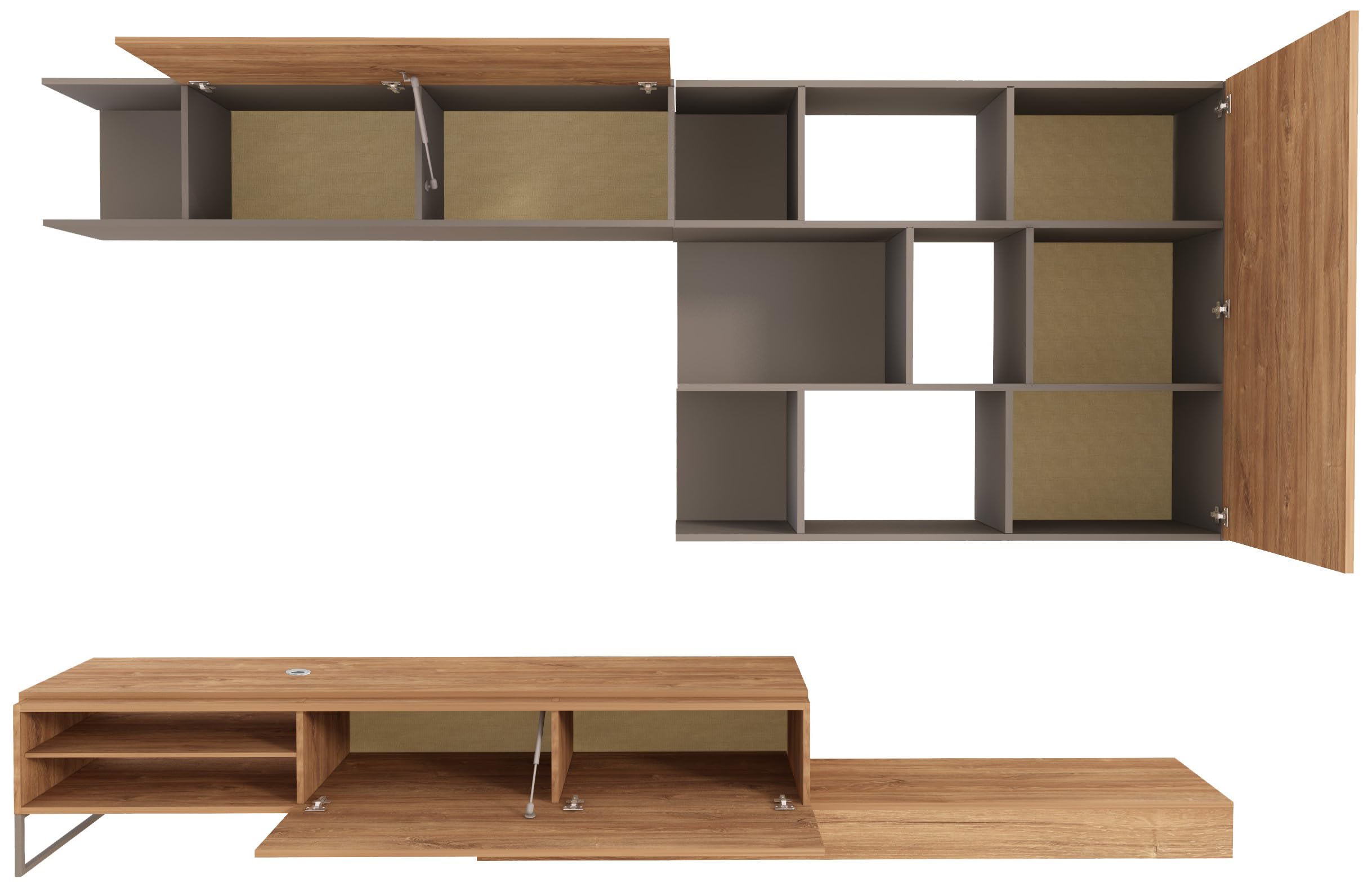 Mobelcenter, Mueble de Salón Enio Reversible, Módulo TV y Módulo Superior, Acabado en Color Roble Kansas y Gris, Medidas: Ancho: 272-309 cm x Fondo: 44 cm x Alto: 102 cm (1648)