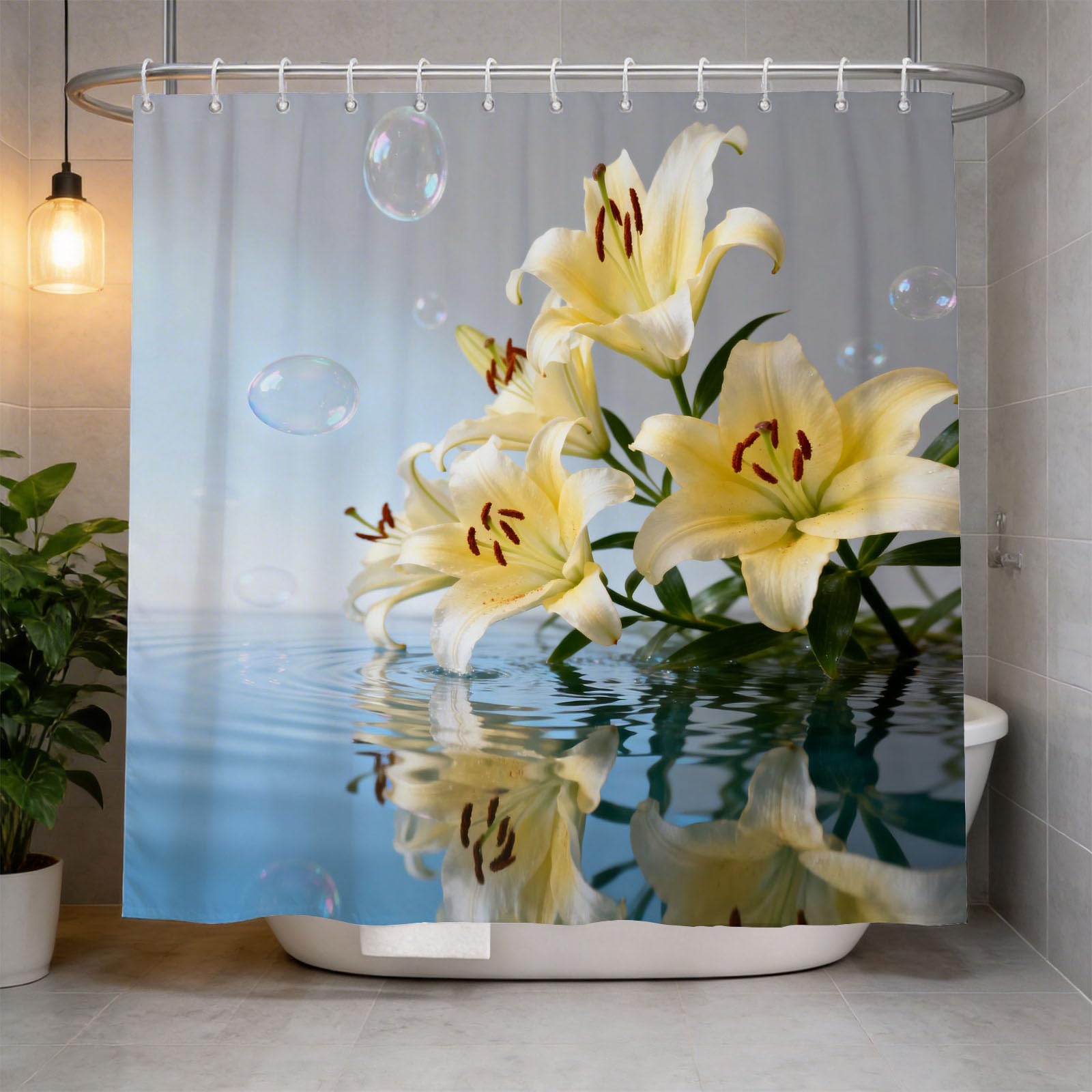 Hongduo 3D Yellow Lily Shower Curtain for Stalls Bathtubs Dreamy Bathroom Decor Shower Curtain Set Polyester Fabric Waterproof 180x200cm/71X79 Inch with Hooks