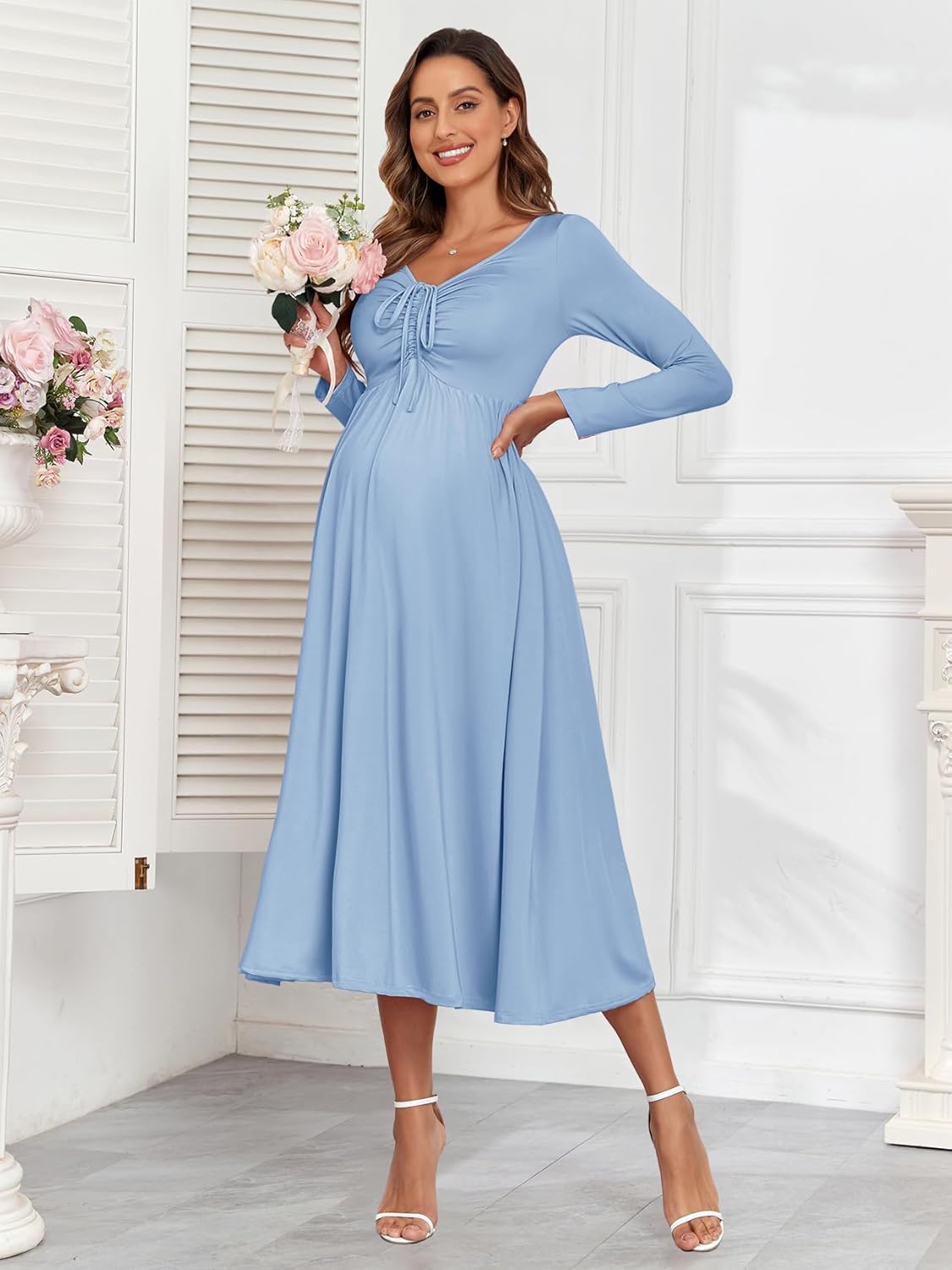 Maternity Tie Front Dress A Line Long Sleeve V Neck Flowy Pregnancy Maxi Dresses for Baby Shower Casual 2025 Fall - Image 2
