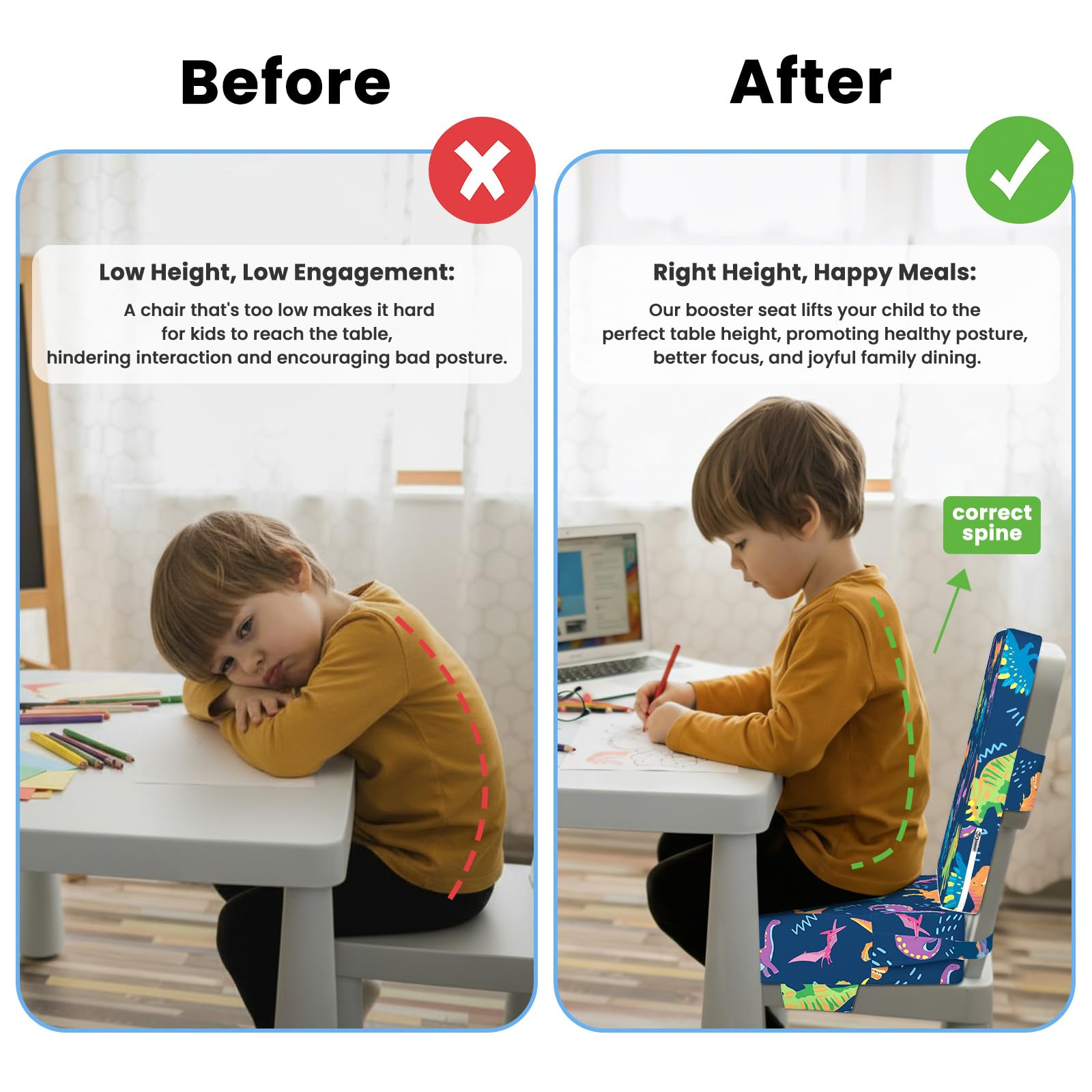 Trona de Viaje, Antideslizante Alzador Silla para Niños Comer con Respaldo para Bebe, 3 Correas Ajustables Lavable Asiento Elevador 36 x 32 x 10 CM - Dinosaurio (Azul Oscuro)