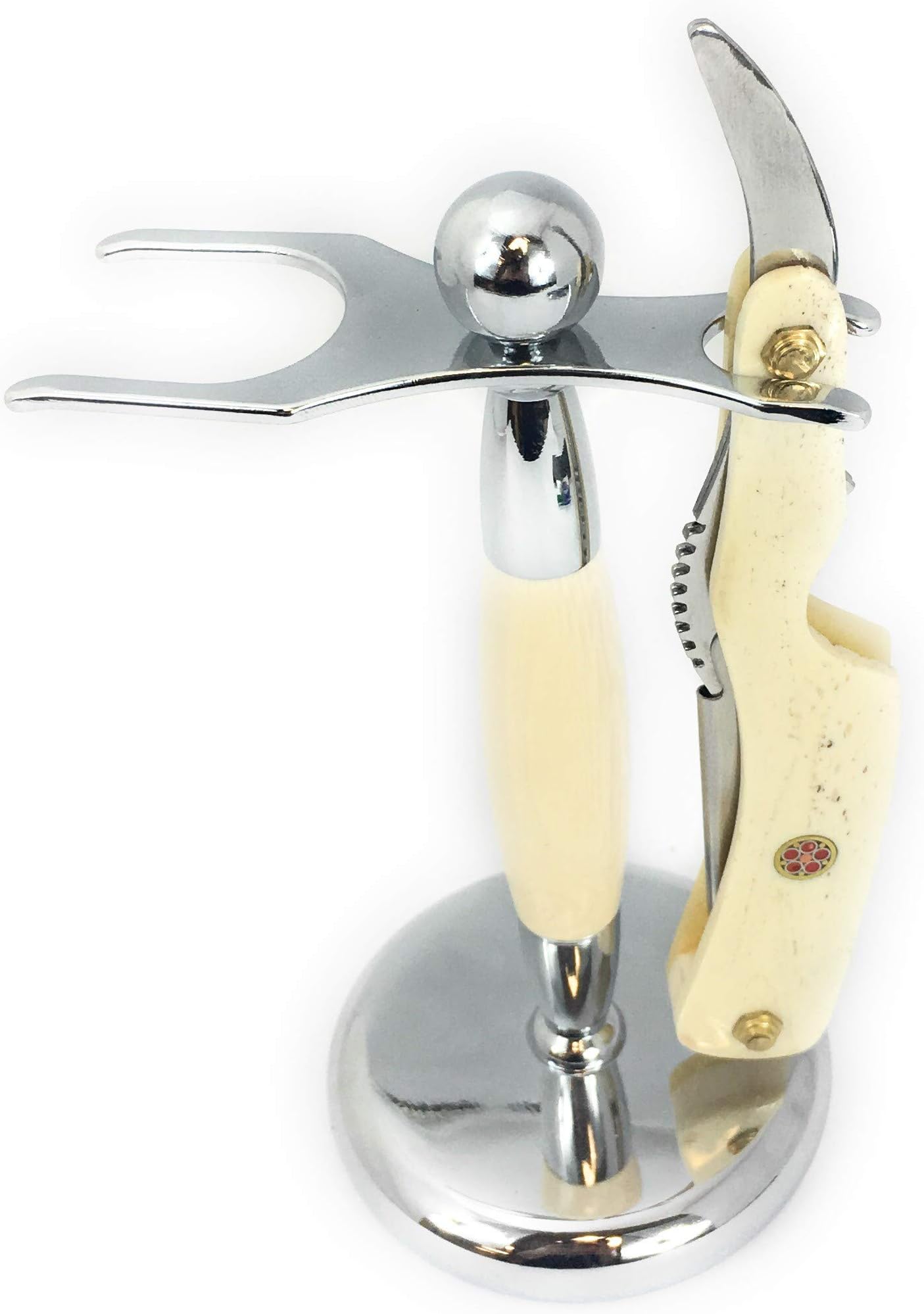 GBS Classic Straight Edge Razor Barber Shavette + Brush and Razor Stand - Ivory Horn Handle - Gold Accents + 10 Blades Men's Manual Shaver Excellent Locking Safety Mechanism