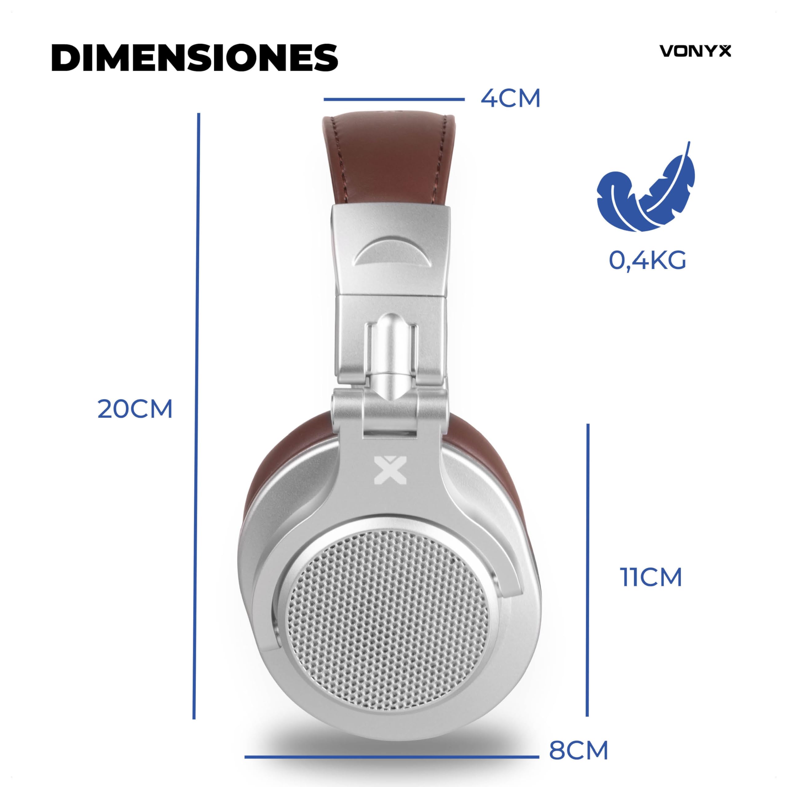 Vonyx HDX120WSN – Auriculares Bluetooth DJ BT 5.3, batería 75h, Drivers 40 mm, Jack 3,5 y 6,3 mm, Auriculares inalámbricos DJ Plegables con Cable para música y Estudio, Color Aluminio