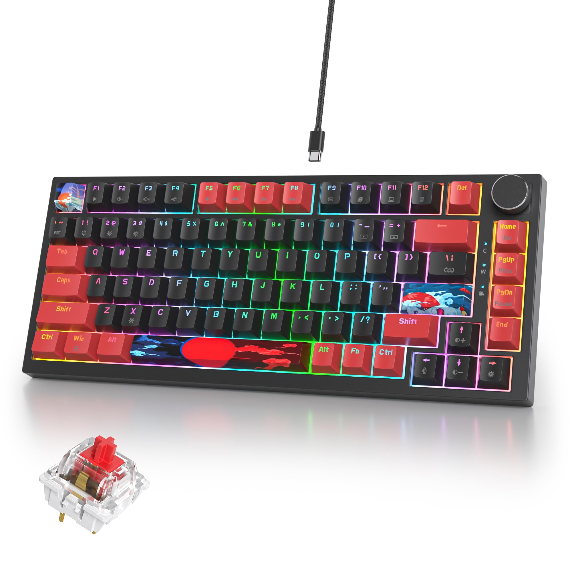 75% Mechanical Gaming Keyboard with Hot Swappable RGB Backlit Custom Knob, Gasket Mount USB Wired Keyboard, 82 Red Black Linear Red Switch Keys