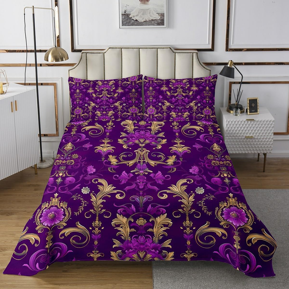 Erosebridal Purple Damask Quilt Set Queen Size Purple Golden Aesthetic Floral Bedspread Set for Kids Boys Girls Antique Victorian Baroque Bedspread Sets Vintage Gothic Bohemian Coverlet Set