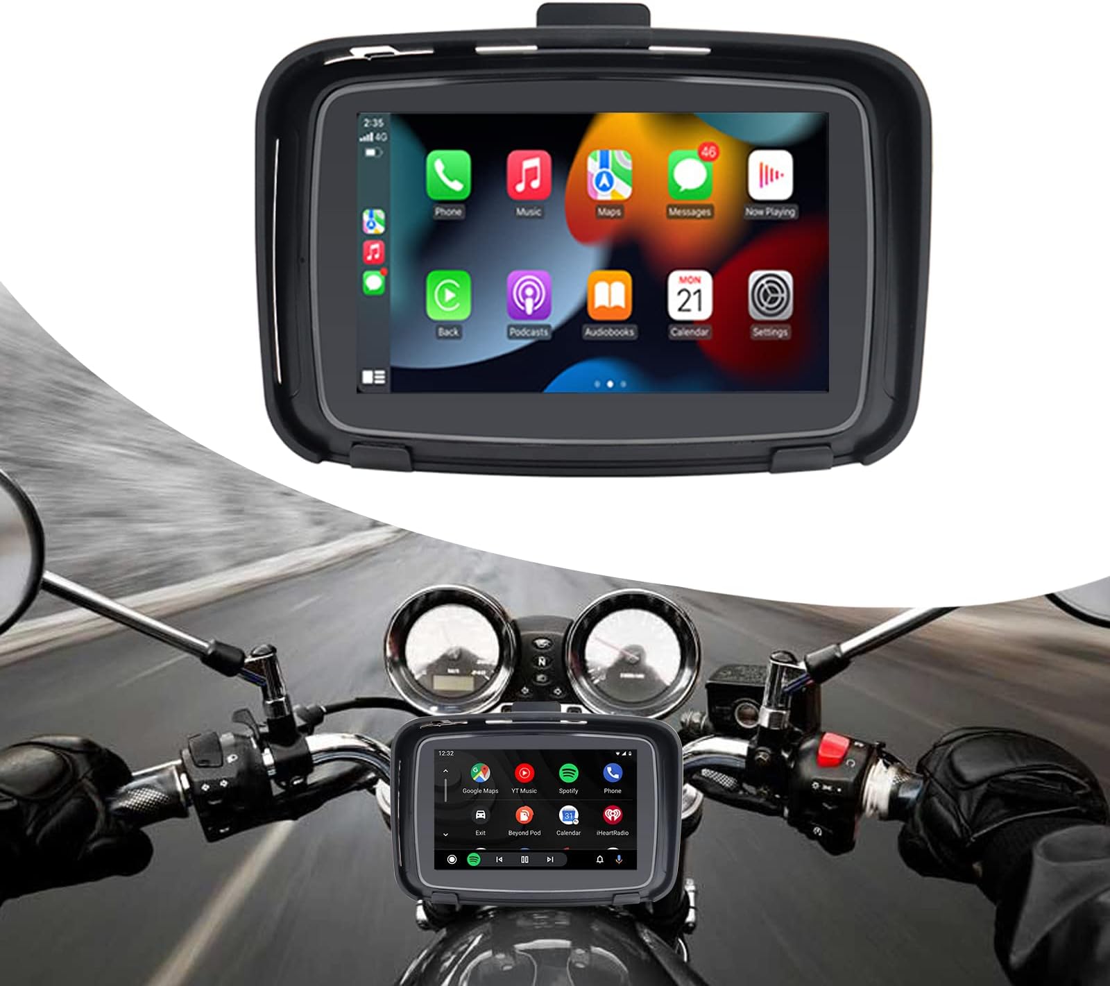 ABUWU Motorcycle GPS Navigation System, 5 Inch Touchscreen with Wireless CarPlay/Android Auto Bluetooth IPX7 Waterproof for Motorbike