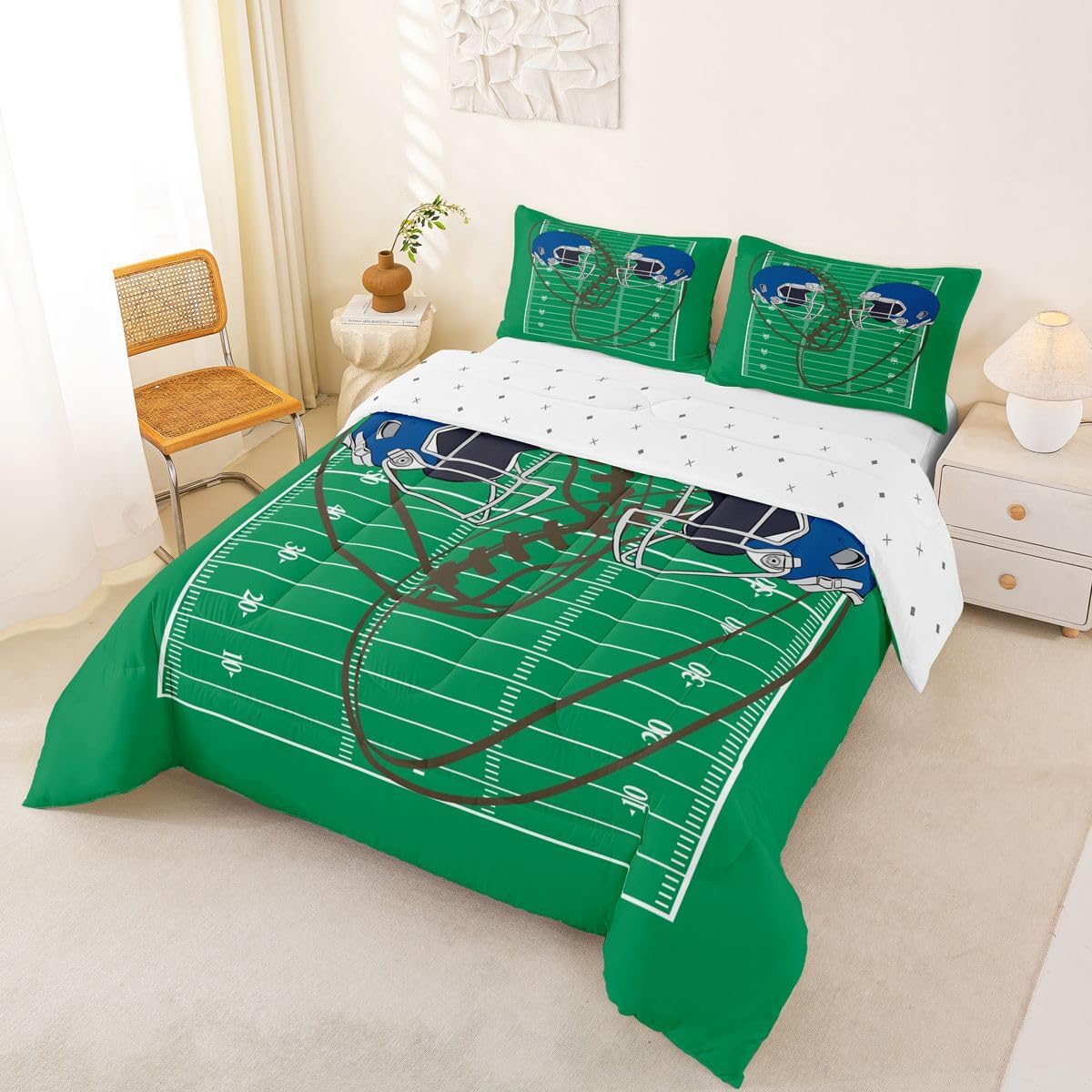 Feelyou Football Teams Bedding Set Soft Blue Rugby Helmet Comforter Set Toddler Green Yard Line Pattern Duvet Quilt Sports Theme Bedroom Decor Gift for Football Lover 2 Pcs with 1 Pillow Cases