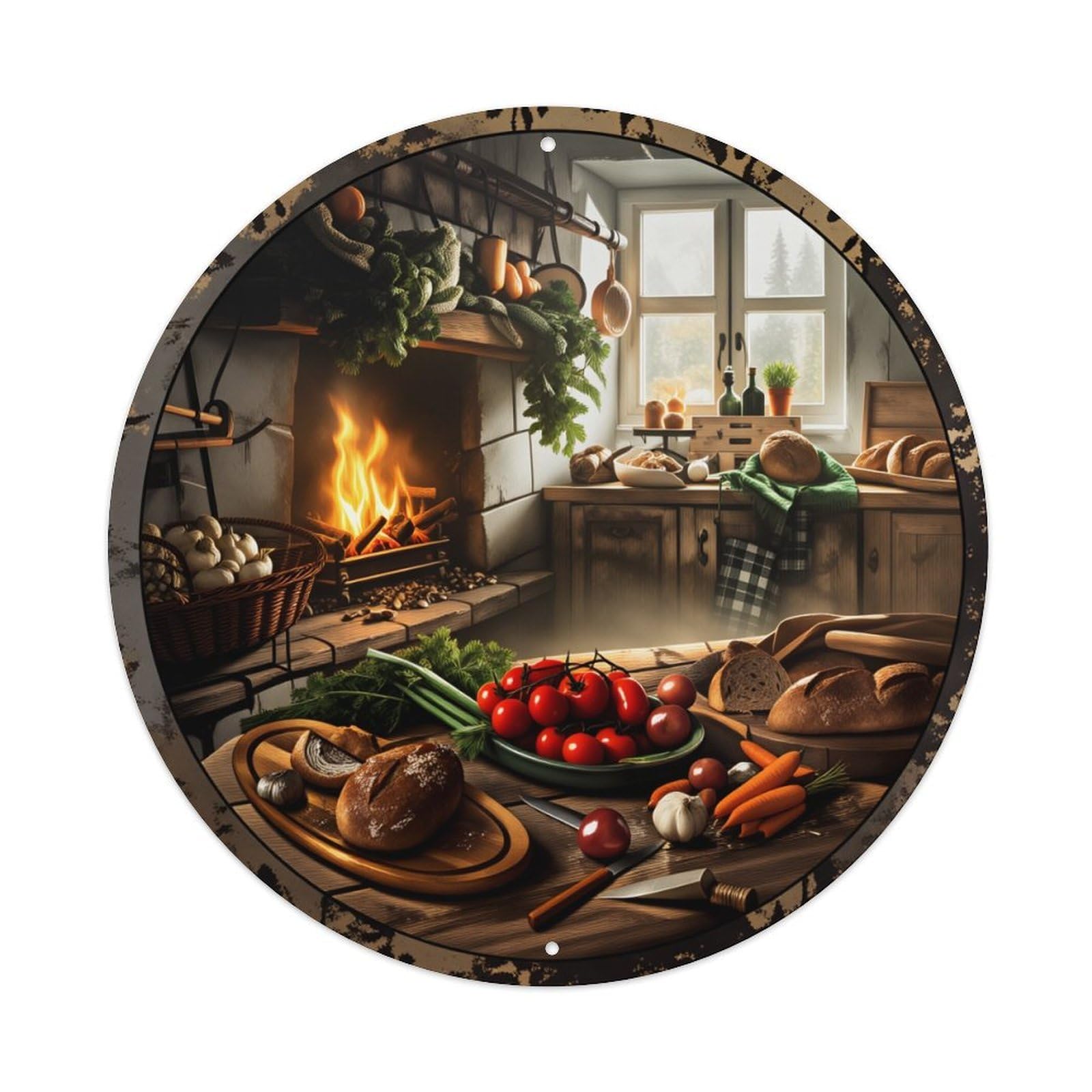 Cozy Kitchen Scene With Food Vintage Round Tin Sign Retro Metal Wall Decor Metal Poster, Home Bar Garage Farmhouse Cafe Wall Art Decoration 8x8Inches