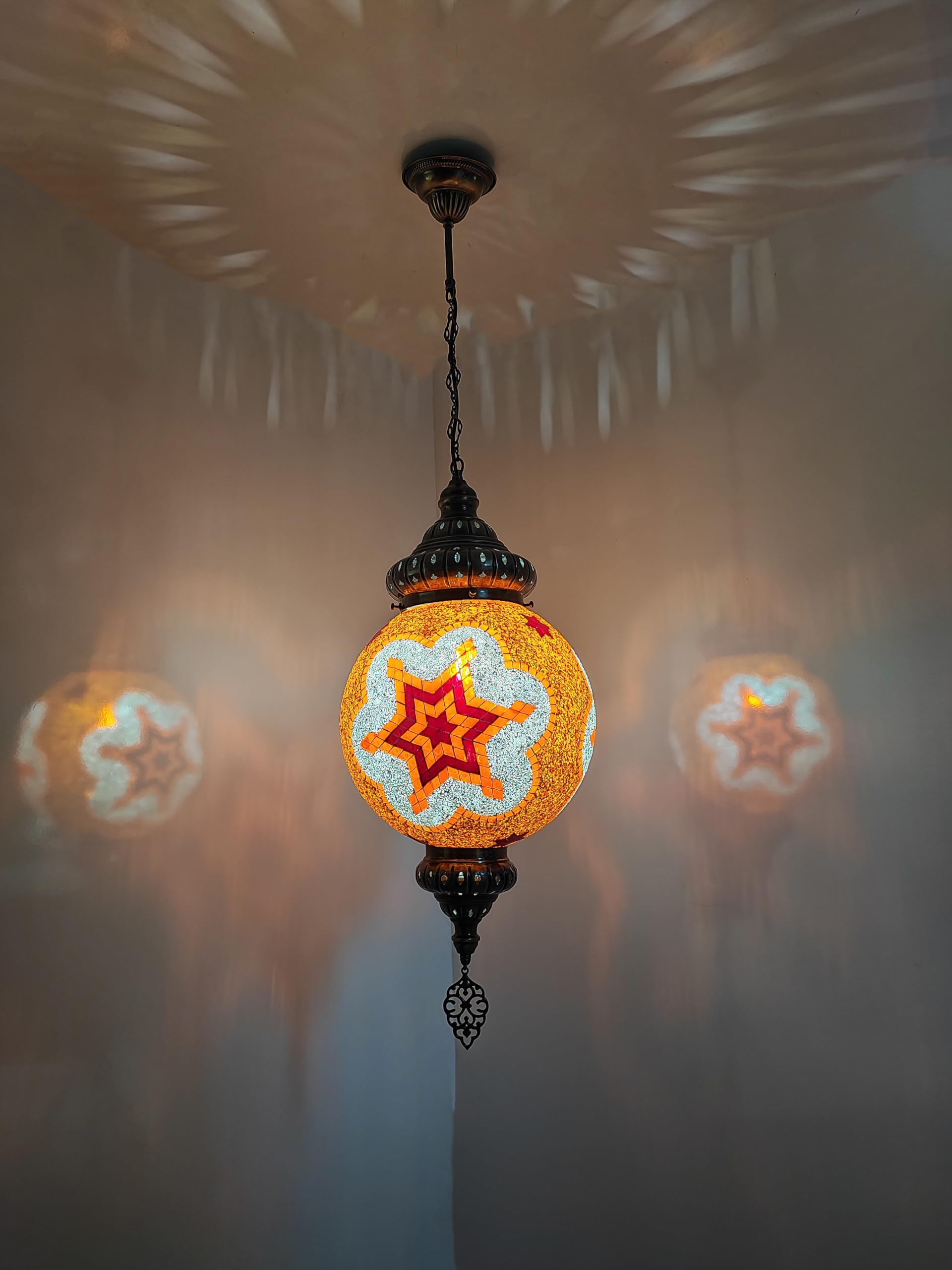 Angora Rene Hanging Globe Light - Red Orange | 100% Handmade in Turkey, Mosaic Glass, Turkish Moroccan Hanging Pendant Lamps for Living Room, Bedroom and Home Office, Indoor | 39.37 Inches