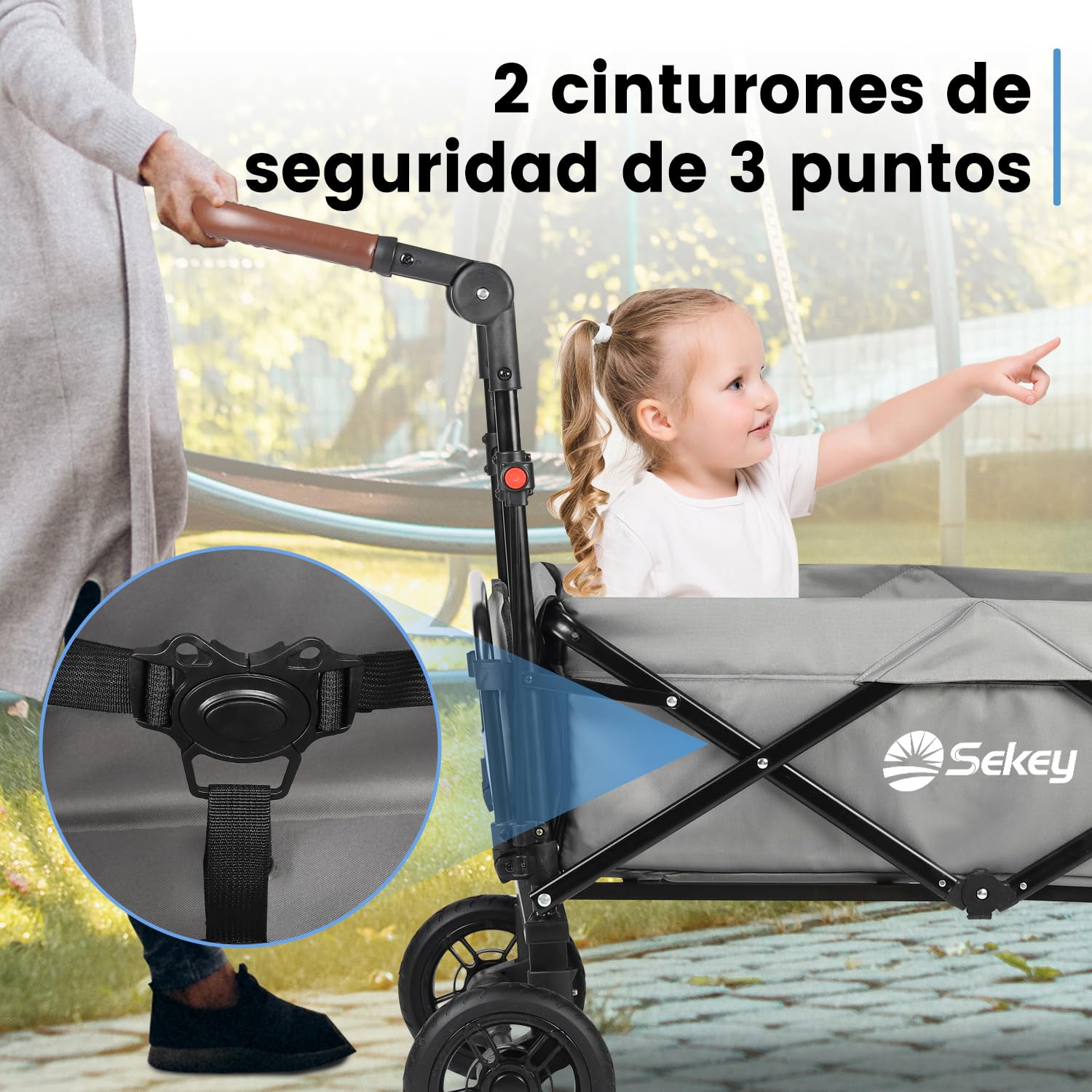 Sekey Carro Plegable Infantil con Techo para 2 Niños 100KG, Carrito de Transporte Plegable para Niños con Manija Empujadora, Ruedas de PU a Prueba de Golpes y Frenos 110L, SS5050, Gris