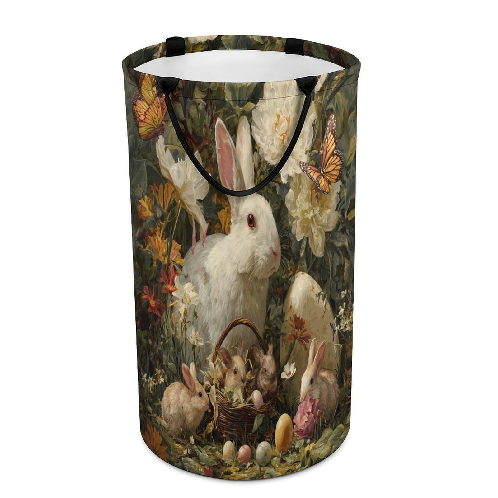 LUYYSKY Cute Realistic Easter Rabbits Versatile Storage Laundry Basket, Modern Art Colorful Eggs Animals Bunny Butterflies Flowers Large Capacity Bathroom Hamper With Handle