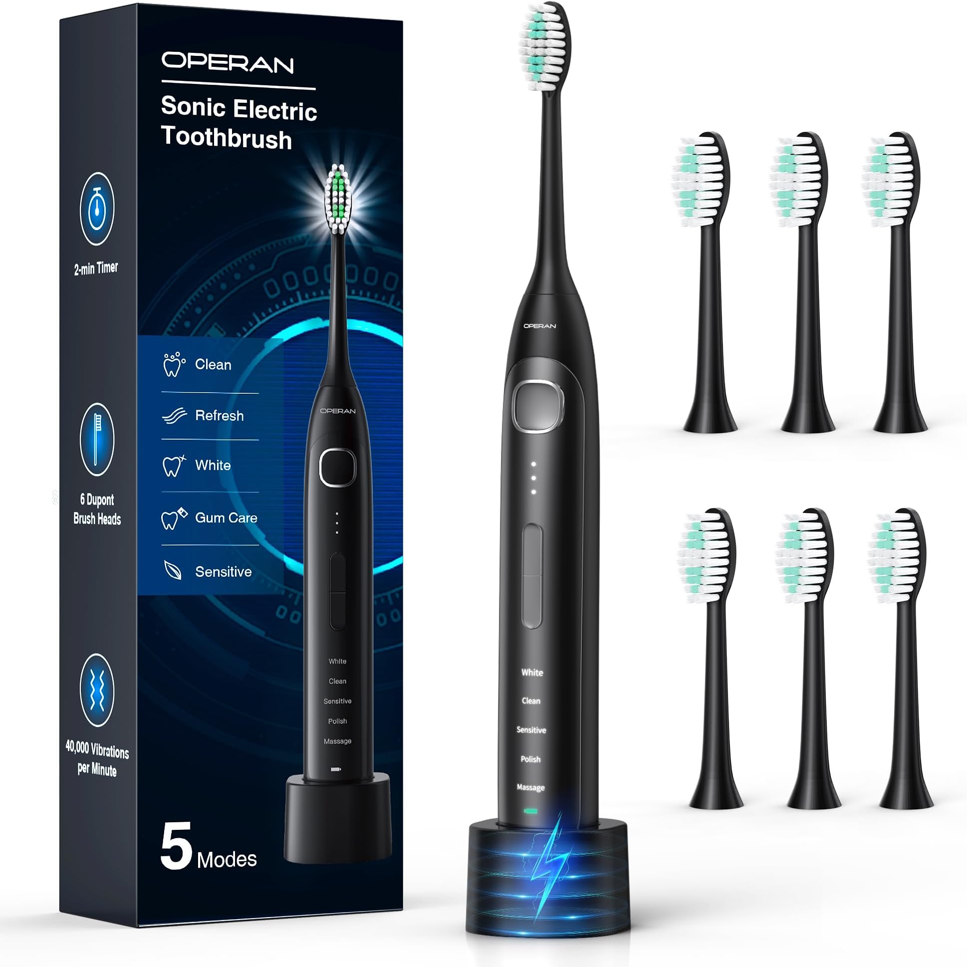 Electric Toothbrush for Adults and Kids Operan High Power Sonic Rechargeable Toothbrush with Smart Timer 5 Modes 6 Brush Heads 40,000 VPM Motor 6 Hours Fast Charge for 100 Days (Black)